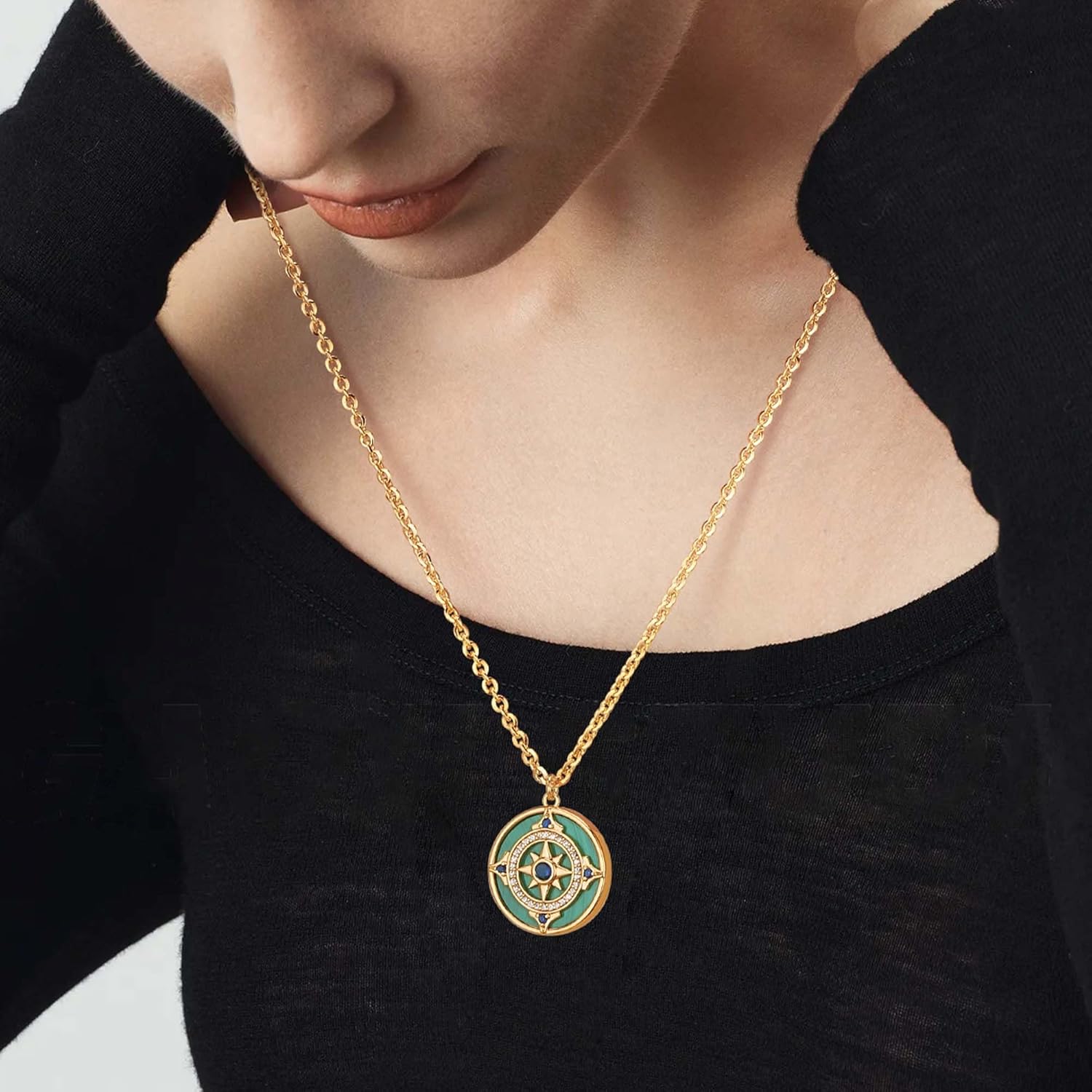 Fettero Necklaces for Women Trendy 14K Gold Plated Charm Necklace Green Malachite Heart Coin Butterfly Cross Clover Pendant Dainty Gold Necklace for Women Jewelry - Image 2