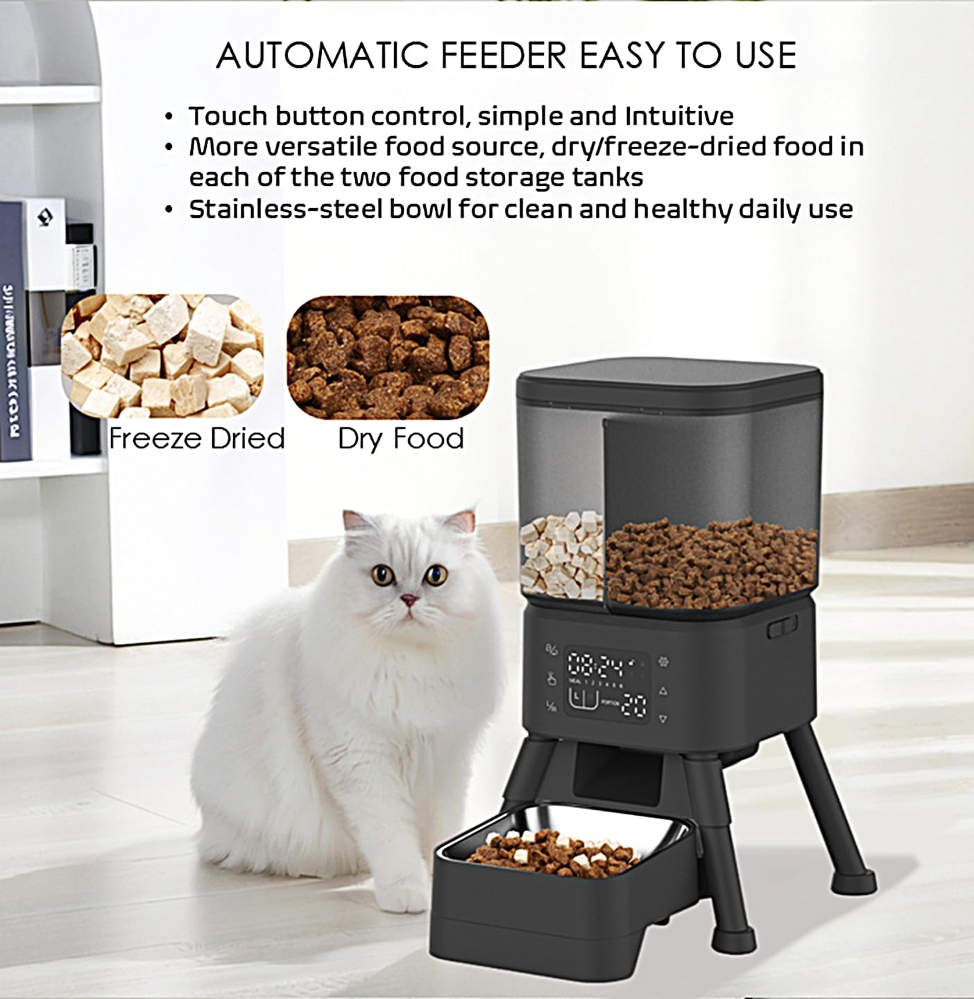 Automatic Pet Feeder, 4L Digital Smart Food Dispenser with LCD Display, Programmable Timer for Cats and Dogs, Stainless Steel Bowl, Tip-Over Resistant 4-Leg Design
