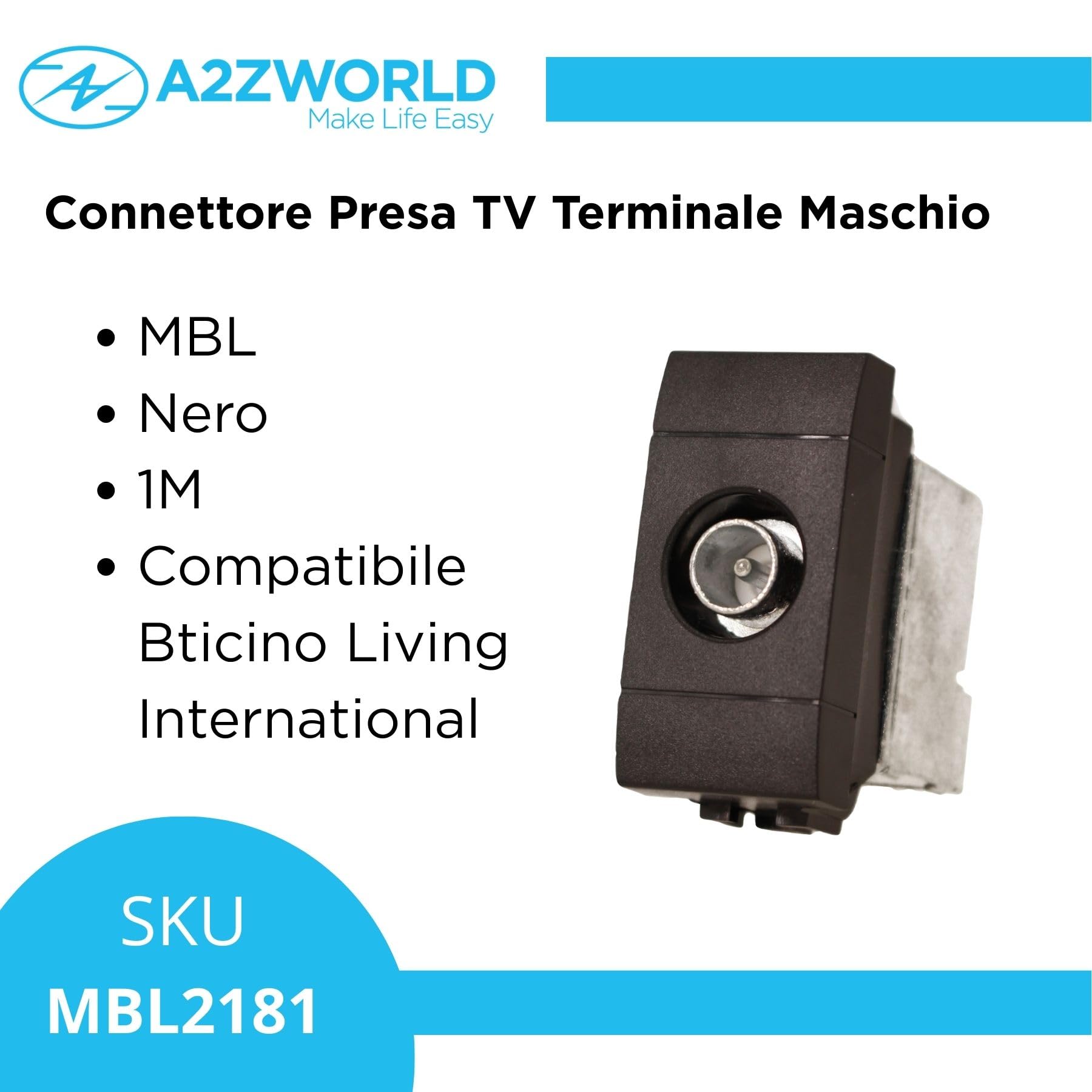 10 Pezzi Connettore Presa TV Terminale Maschio, Compatibile con Bticino Living International, Colore Nero, Serie MBL, 1 Modulo