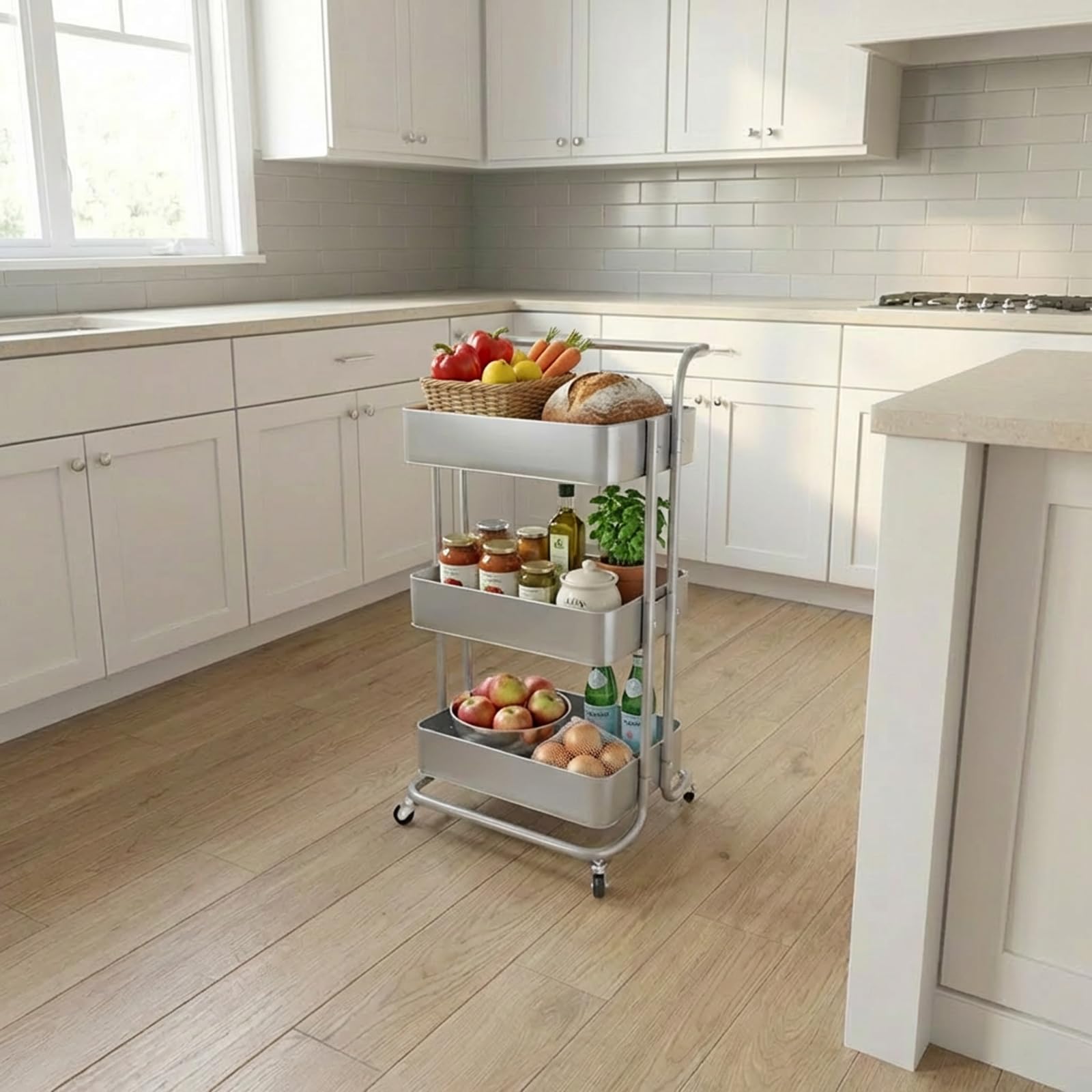 ECHTWERK Carro de Servicio móvil para Cocina/baño/Oficina con 3 Niveles, Carro de Cocina con cajones, Carro de Herramientas, Carro de artesanía, con asa de Empuje, Silver-Edition, 43 x 32 x 86 cm