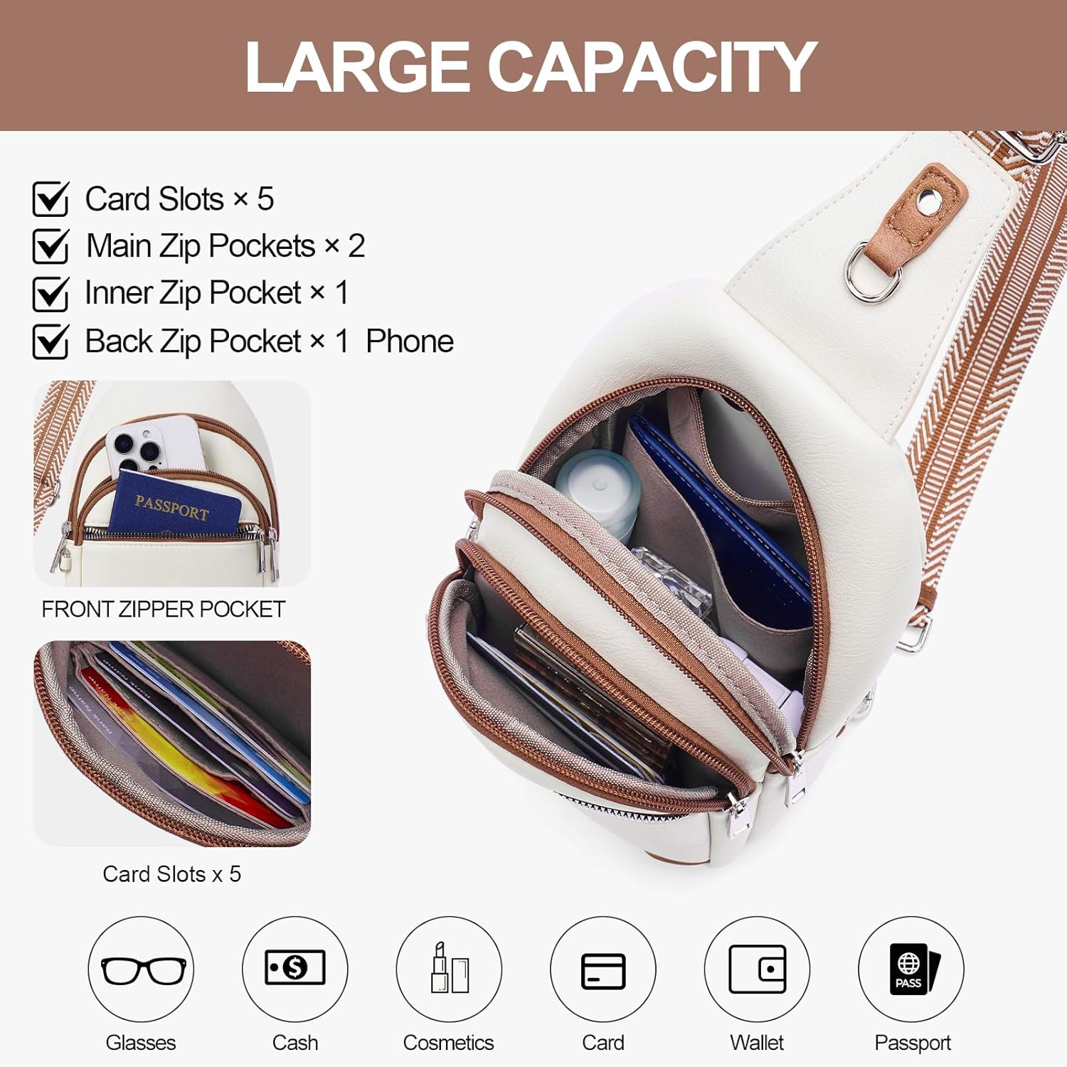 Anti Theft Crossbody Bags for Women Travel Chest Sling Bag Leather RFID Purse Fanny Pack Beige - Image 4