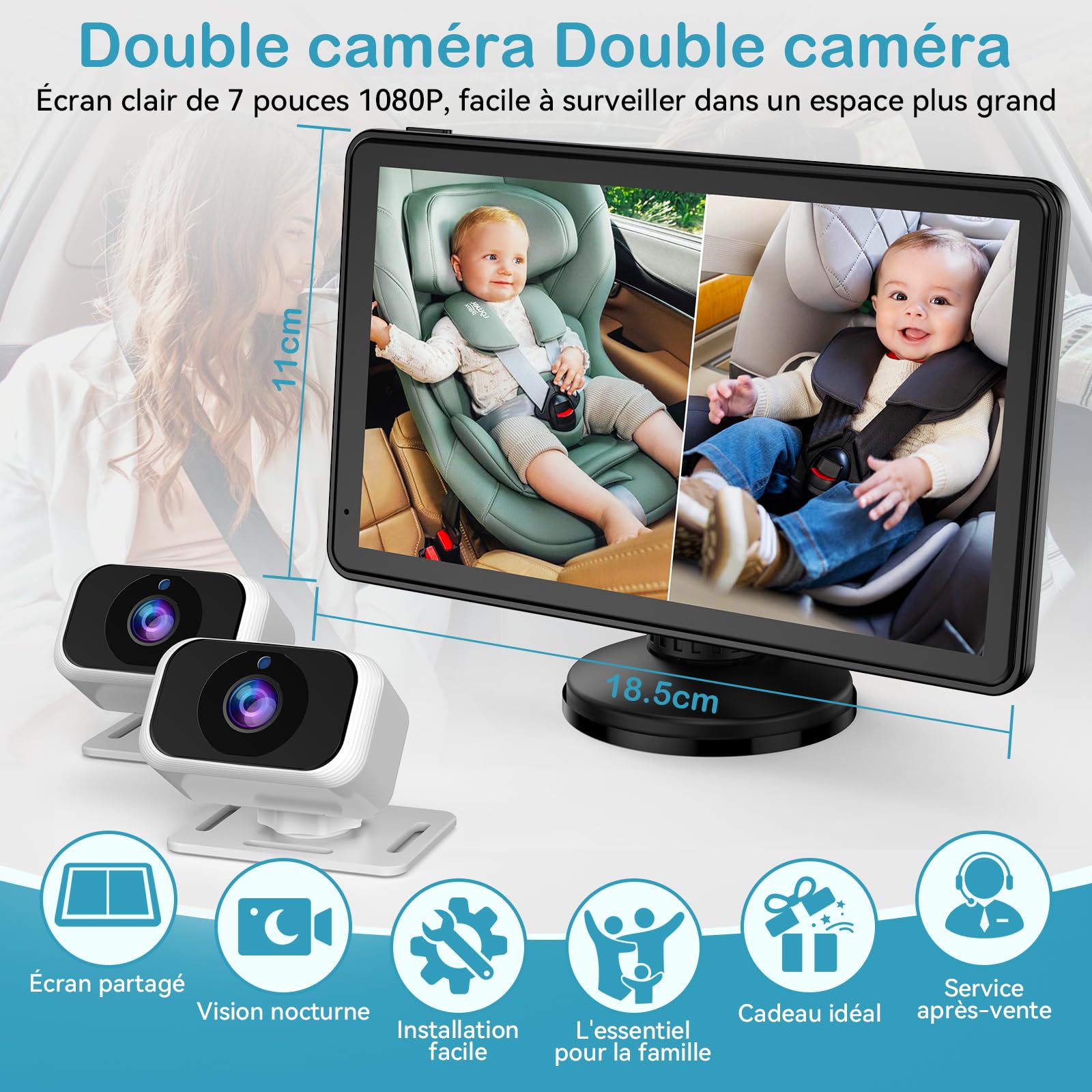 Caméra Voiture Bébé pour 2 Enfants : Écran IPS 7 Pouces avec Deux Caméras pour Siège Auto, Écran Partagé, Vision Nocturne, HD 1080P - Caméra Arrière Facile à Installer Tomoia