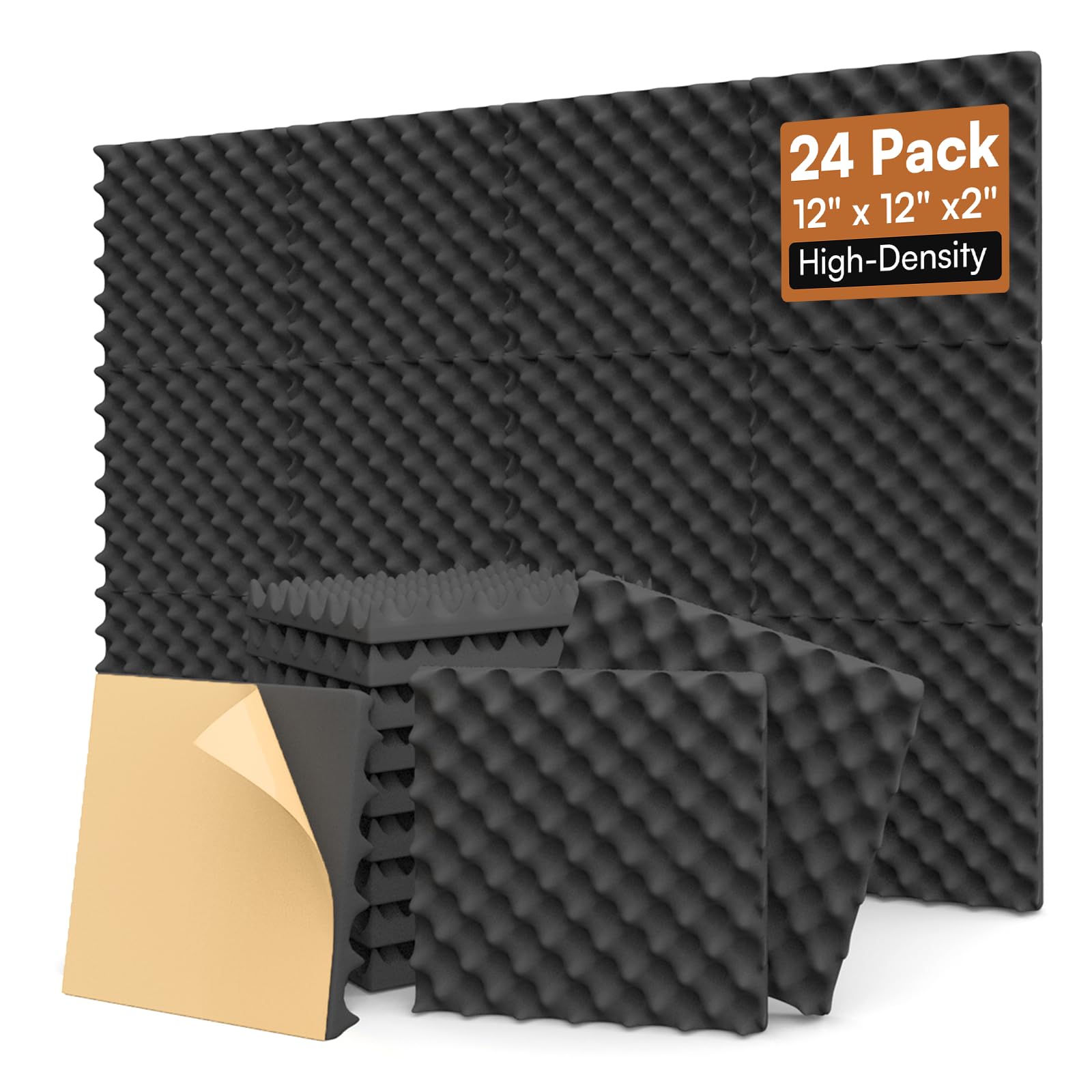 SD SODOCT 24 Pack Egg-Crate Acoustic Foam Panels, 12 x 12 x 2 Inches Self-Adhesive Sound Proof Foam Panels for Walls, High Density Acoustic Foam for Studio, Home Theater, and Recording Rooms, Black