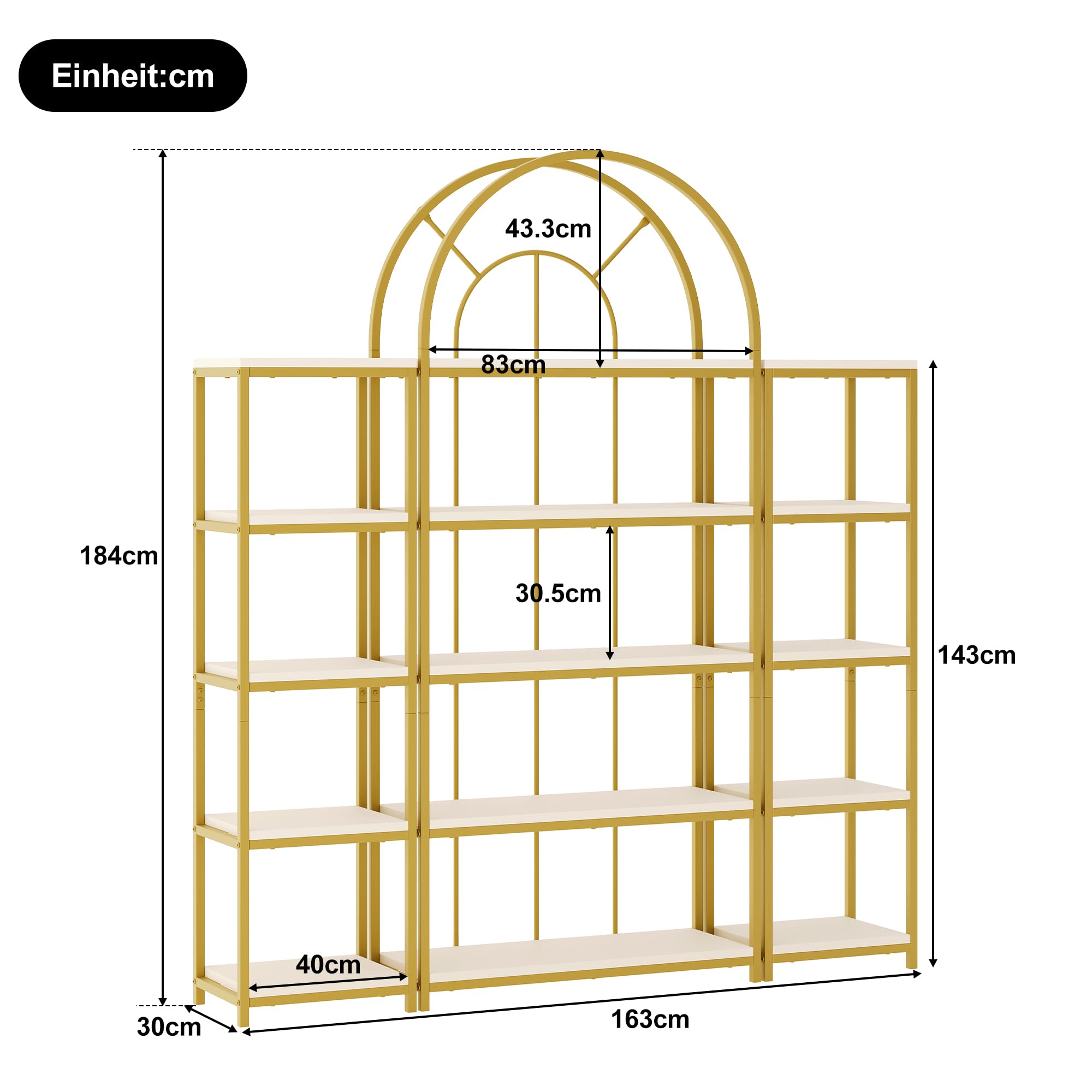 REXO Set di scaffali da 163 x 30 x 184 cm, 3 scaffali modulari con telaio in metallo dorato, pavimenti in MDF bianco e design ad arco. Come scaffale per display e vetrina per soggiorno, cucina e