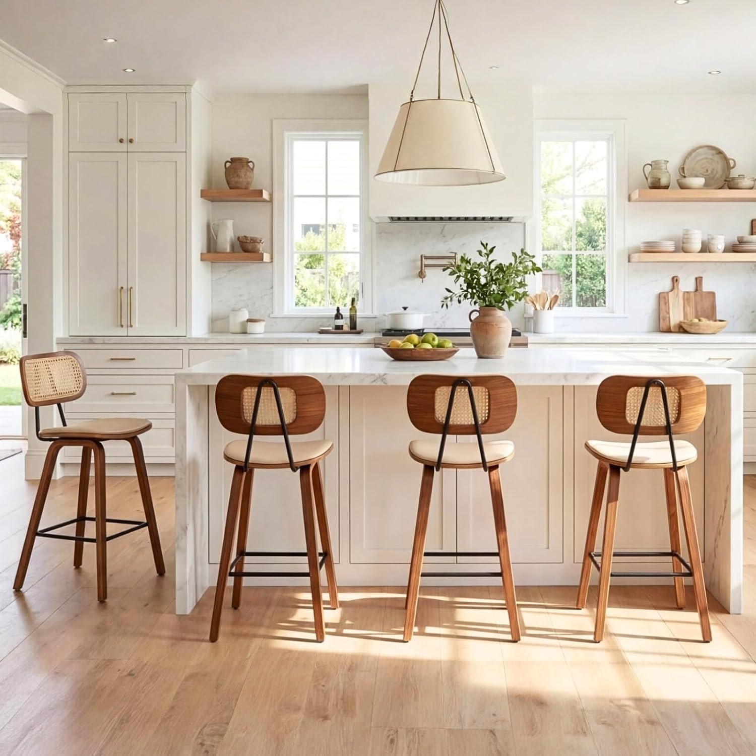 Ya-Home Mid-Century Bar Stools Set of 4, 26 Inch PU Leather Barstools with Open Rattan Backrest Wooden Legs Armless Bar Chairs for Kitchen Island Dining Room, Beige