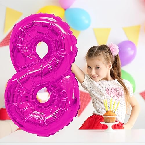 Miniatura 5 de RUBFAC Globo rosa intenso del número 8 de 40 pulgadas, globos rosas de gran tamaño, decoraciones de cumpleaños 8 para niña, globos de números de