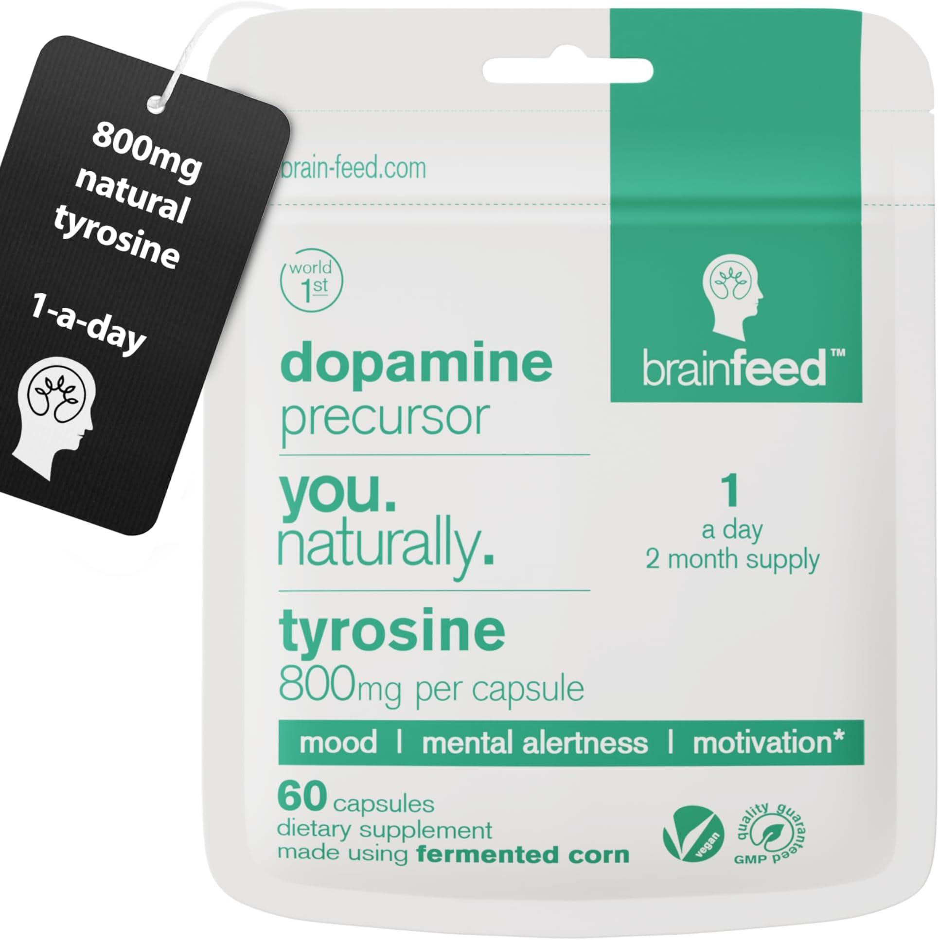 brain feed Natural Tyrosine Supplement | 60 Capsules | 750mg | Dopamine Supplement | Mood Booster | Focus Alertness and Motivation | Natural Thyroid Support | UK Manufactured