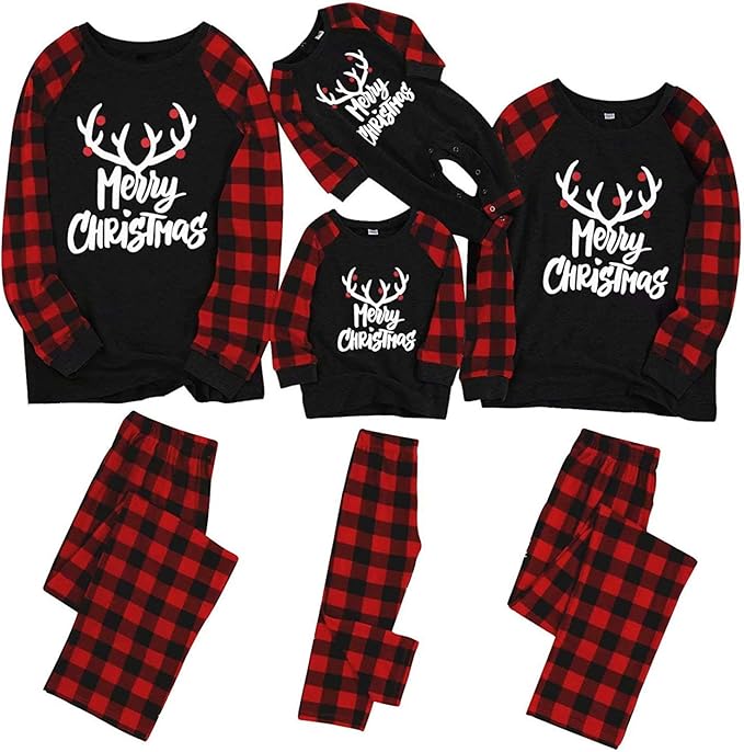 IFFEI Matching Family Pajamas Sets Christmas PJ's with Letter and Plaid Printed Long Sleeve Tee and Bottom Loungewear