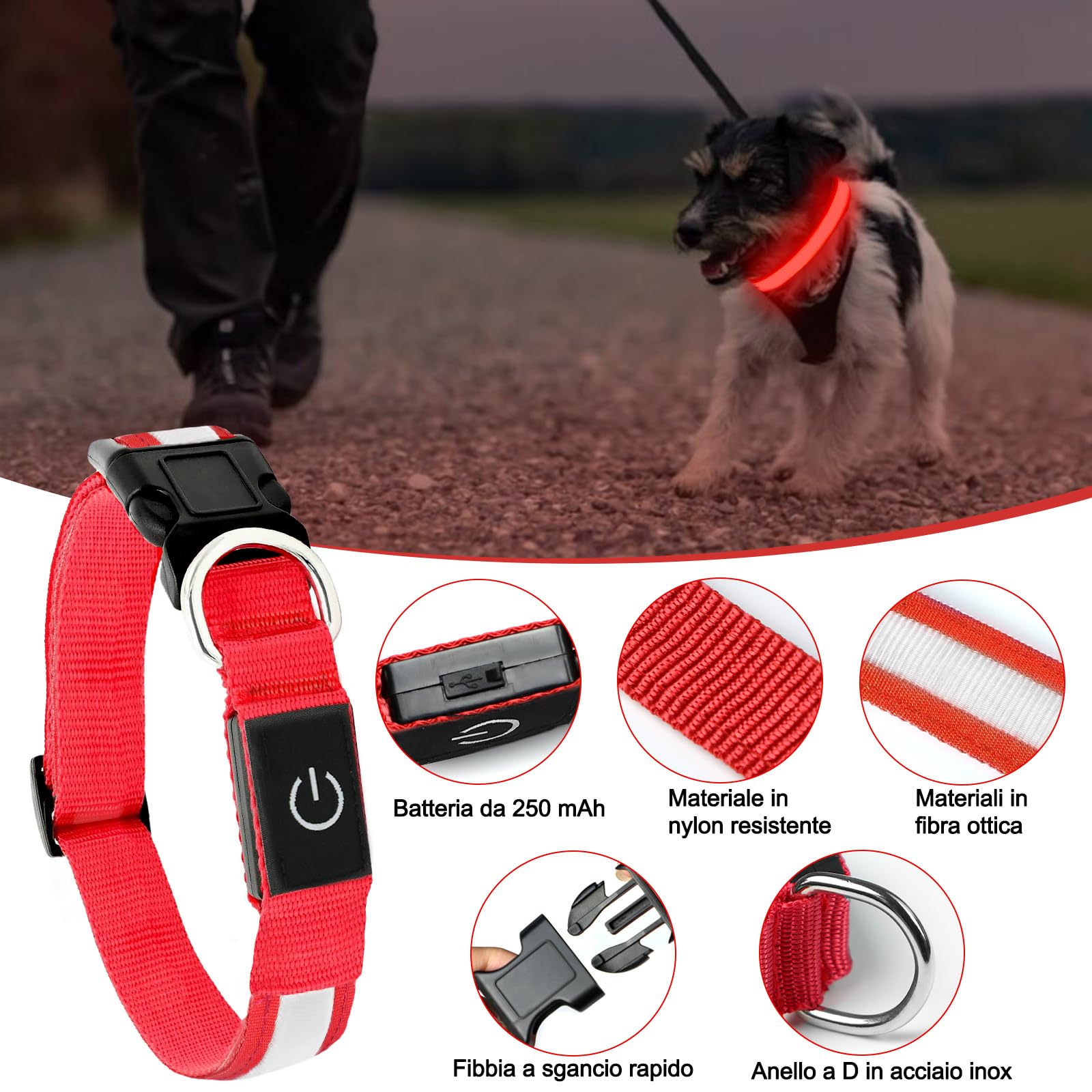 Nepfaivy Collare Luminoso per Cani Ricaricabile - Collare per Cani a Led con Lunghezza Regolabile, 3 Modalità di Illuminazione per la Sicurezza Notturna, Rosso
