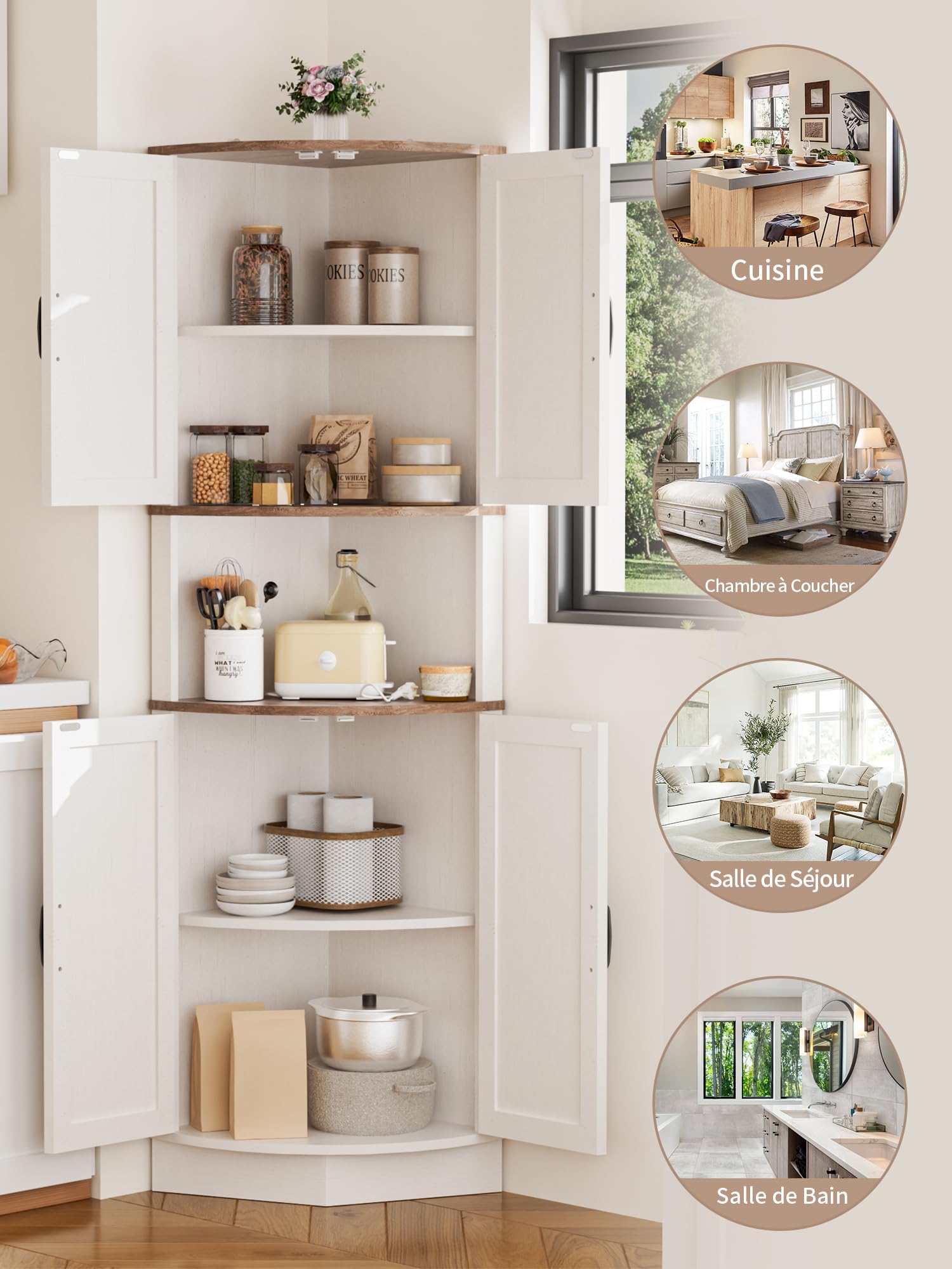 BonVache Meuble d’Angle, Buffet, Meuble de Rangement, Armoire Haute, Armoire Multi-usages pour Salle à Manger, Salon, Bureau, 165x56x41.5 cm, Blanc