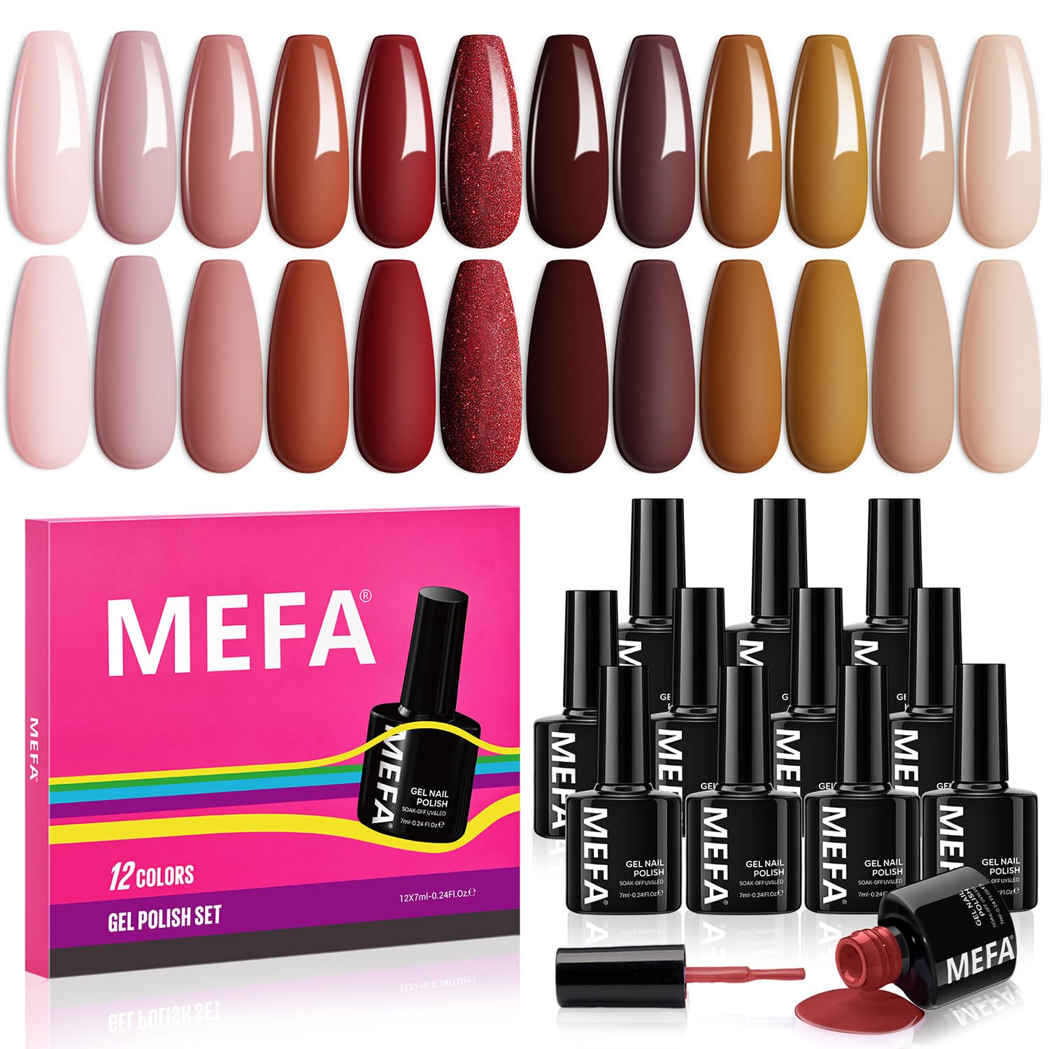 MEFA Esmaltes Semipermanentes para Uñas en Gel, 12 Colores Rosa Marrón Naranja Rojo Nude Kit Pintauñas Semipermanentes Uñas de Gel UV LED Esmalte Uñas para Manicura