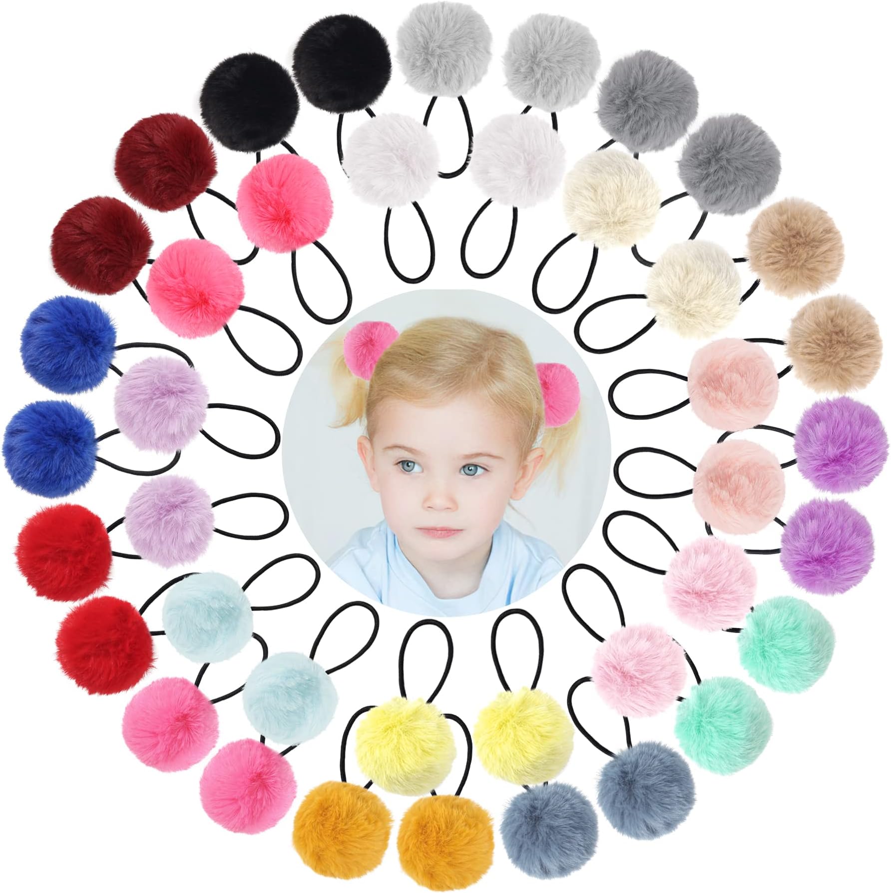 Qearl 40 Pieces Pom Ball Hair Ties, Velvet Elastic Hair Accessories for Women Girl Kids, 2" Pom Poms Fluffy Ponytail Holders