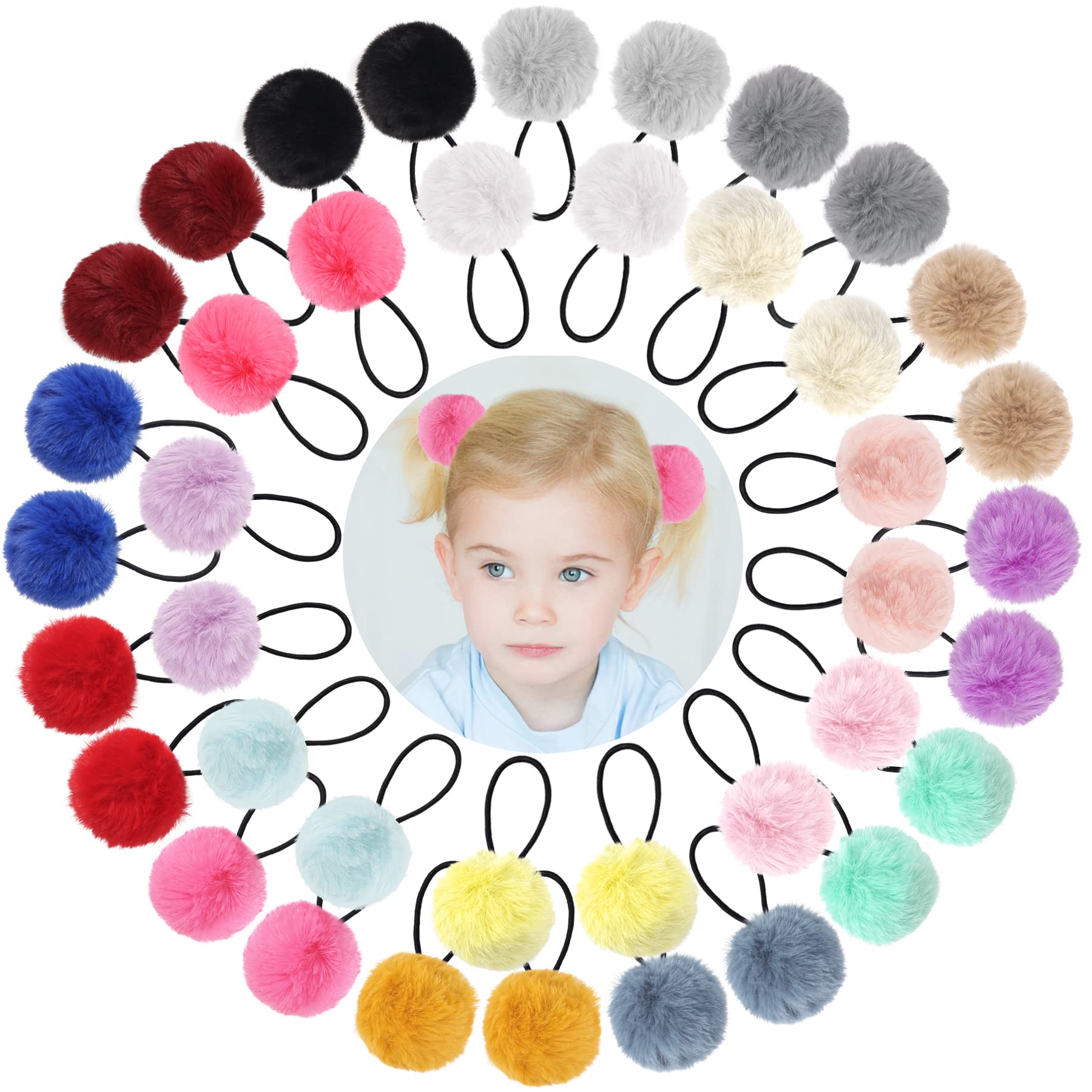 Qearl 40 Pieces Pom Ball Hair Ties, Velvet Elastic Hair Accessories for Women Girl Kids, 2" Pom Poms Fluffy Ponytail Holders
