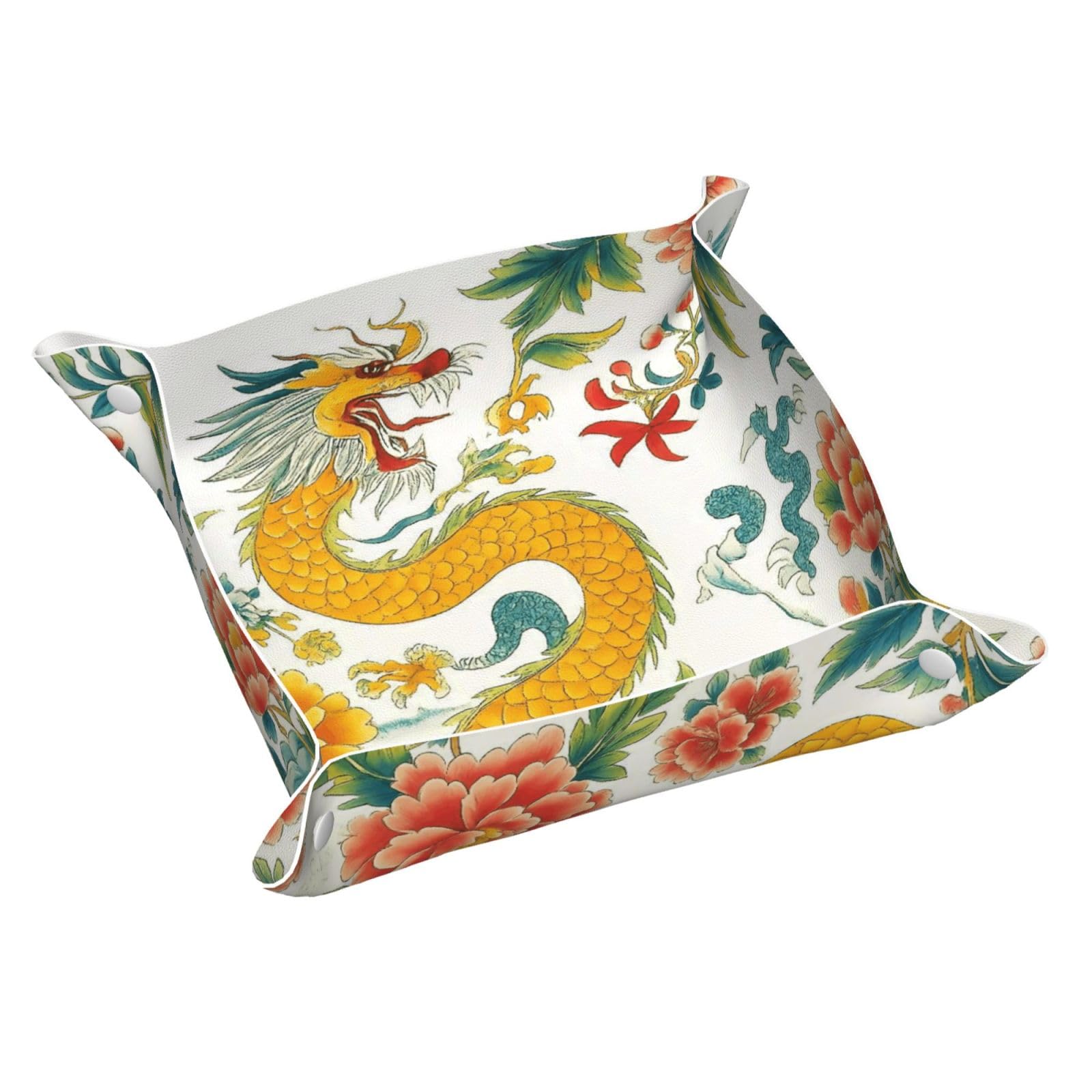 HLBSDM Chinoiserie Golden Dragon with Floral Tray Men's Leather Valet Parking Portable Entrance Trays Bedside Storage Box