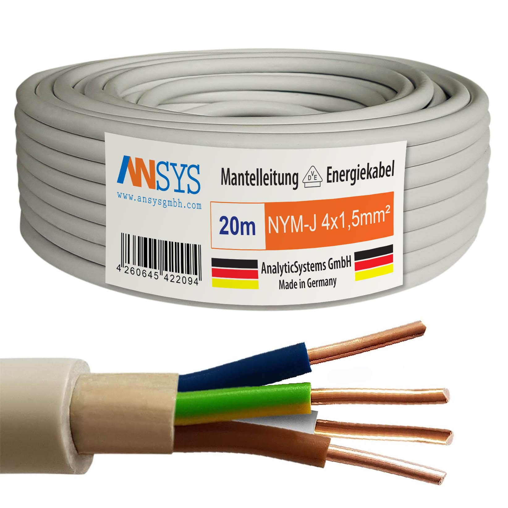 20m NYM-J 4x1,5 mm² Mantelleitung Feuchtraumkabel Elektrokabel Kupfer Made in Germany
