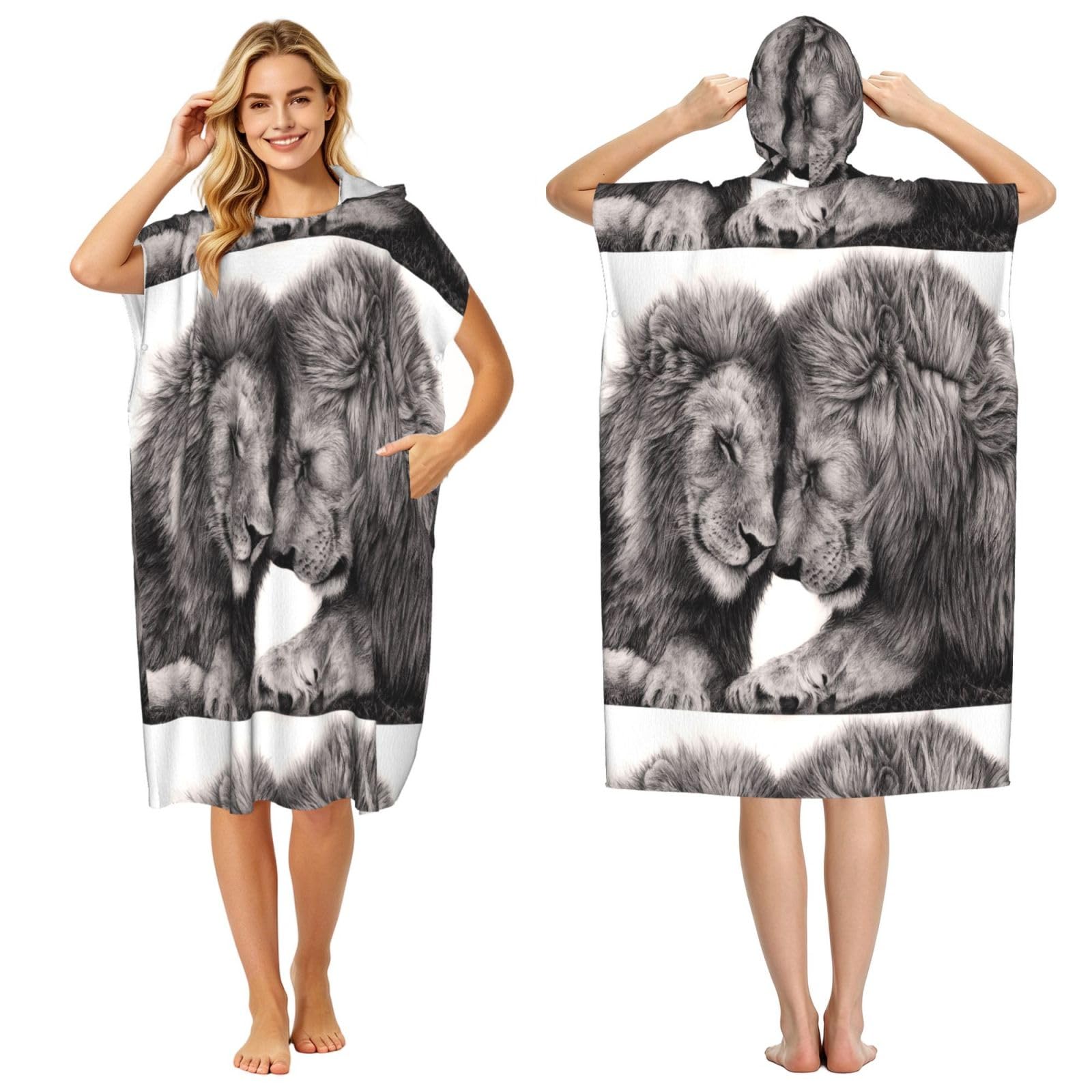 Poadnly Black And White Lion Couples, Adult Hooded Beach Towel 90 x 110 cm,Changing Bath Robe, Surf Poncho Towel For Women Men