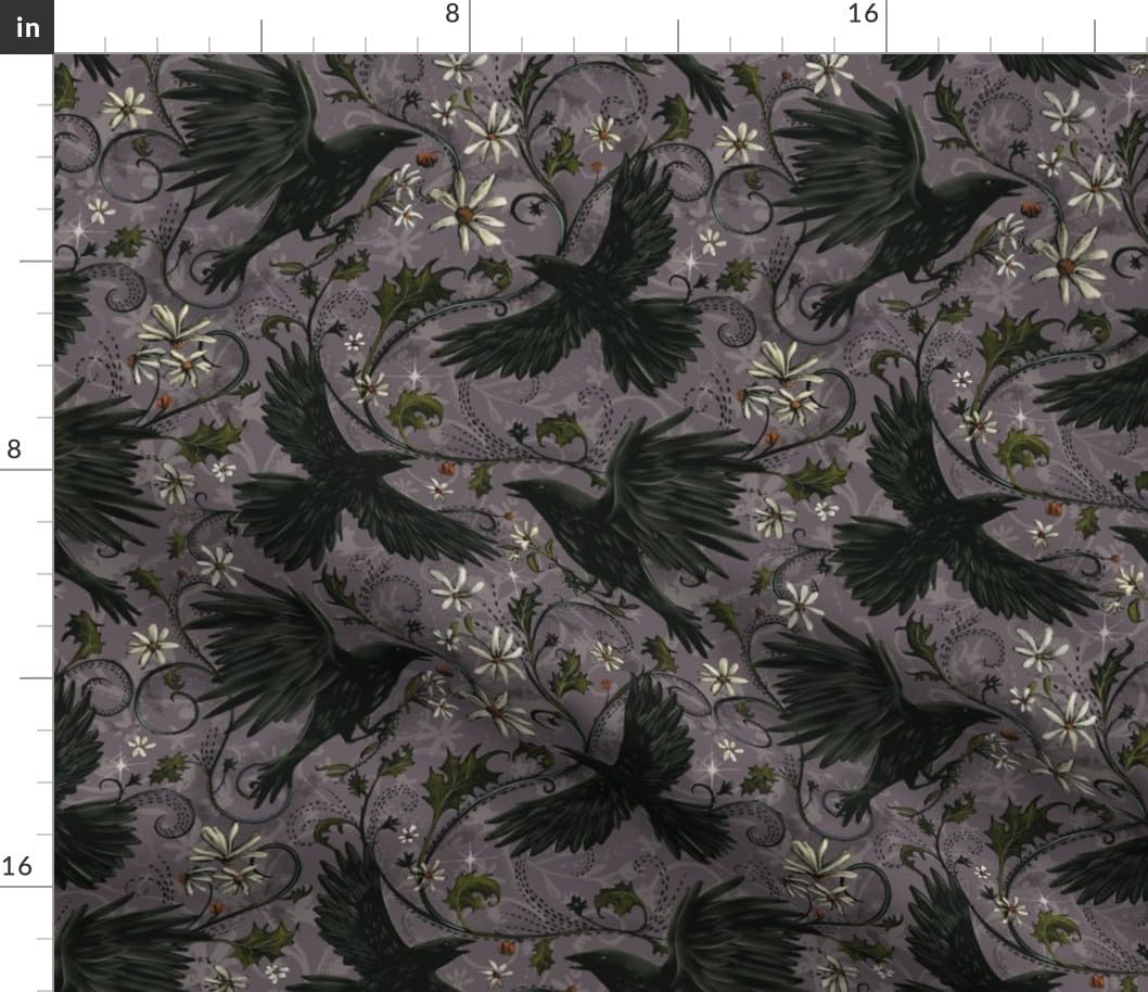 Spoonflower Fabric - Gray Ravens Gothic Autumn Floral Halloween Bohemian Magic Dark Moody Printed on Petal Cotton Fabric Fat Quarter - Sewing Quilting Apparel Crafts Decor