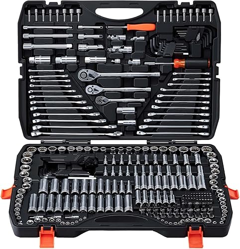 Miniatura 16 de VEVOR - Juego de herramientas para mecánicos y juego de vasos estándar y profundos, 145 piezas en unidades SAE y métricas con puntas, llave