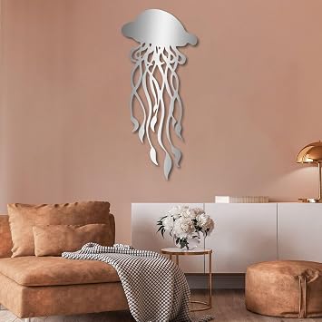 Jellyfish Metal Wall Decor,Jellyfish Metal Wall Art,Coastal Themed Decor for Living Room Bathroom Bedroom Indoor OutdoorSilver,19x8inch/47x21cm