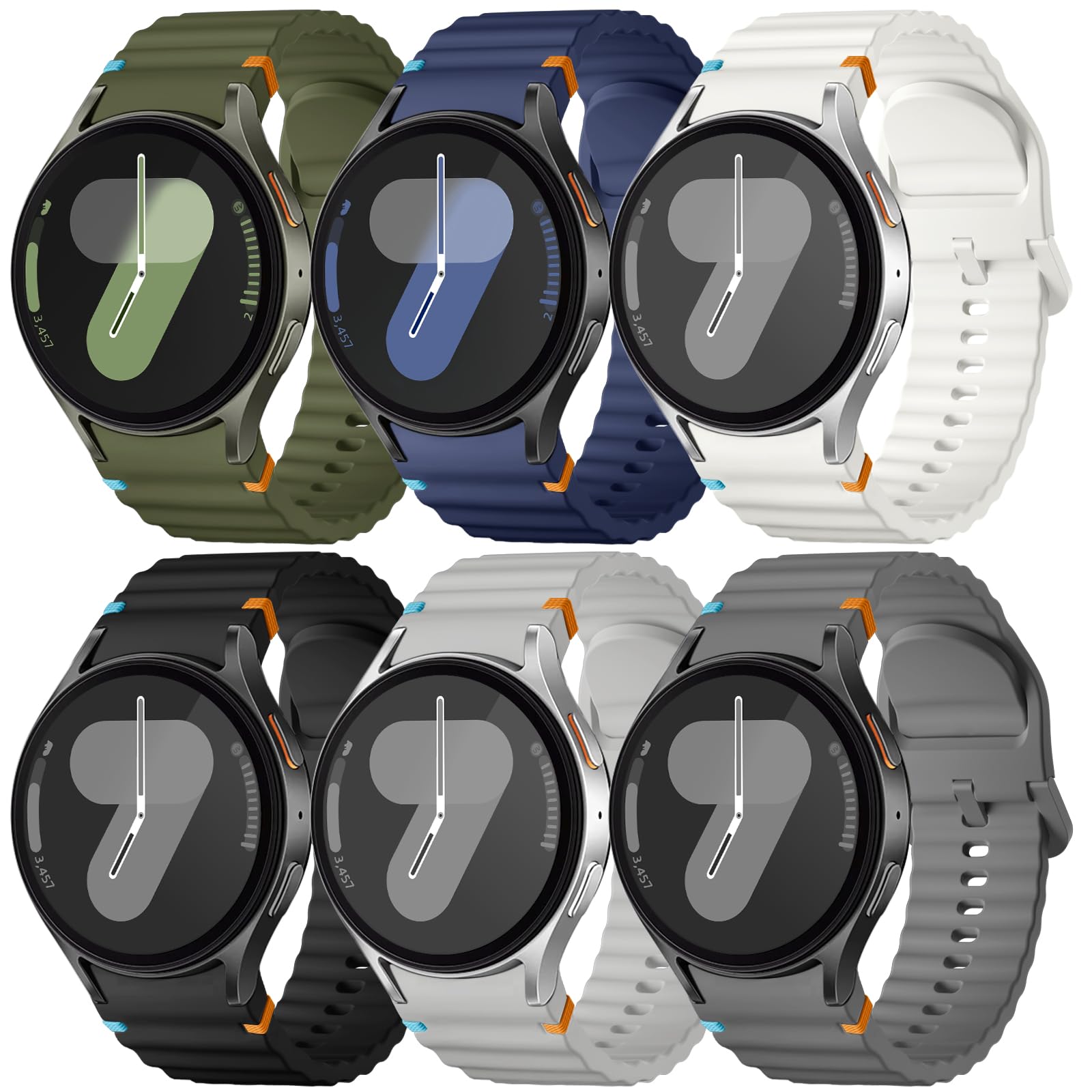6PC Sport Band Compatible with Samsung Galaxy Watch 7 6 5 4 40/44mm Green/Deep Blue/White/Black/Light Grey/Dark Grey Galaxy Watch 7 6 5 4 FE