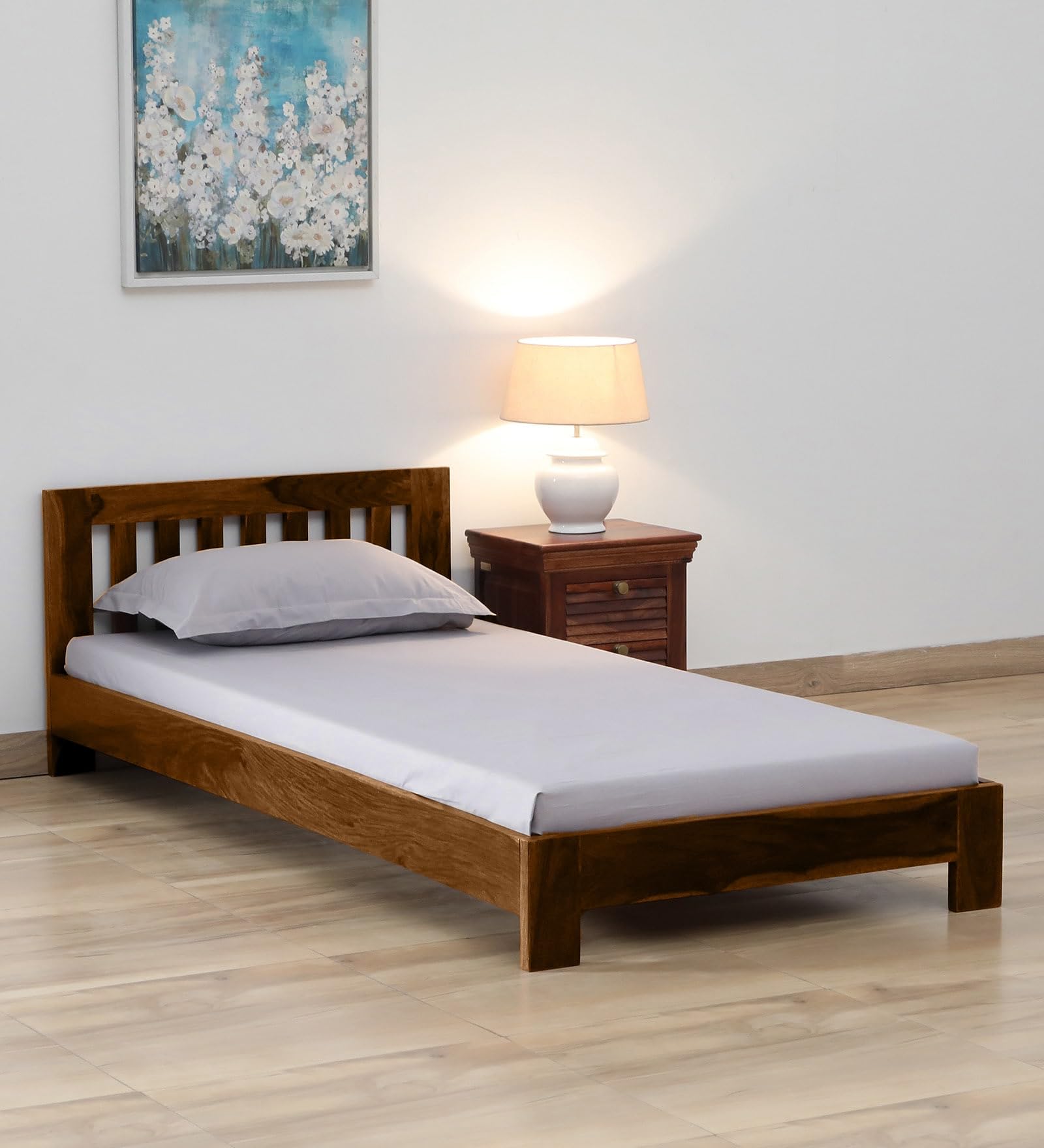 Medley Wood Single Bed Without Storage for Bedroom Home Solid Wood Without Storage Single Palang Cot for Hotels with Headboard (Single Size, Teak Finish, 1 Piece)-image-10