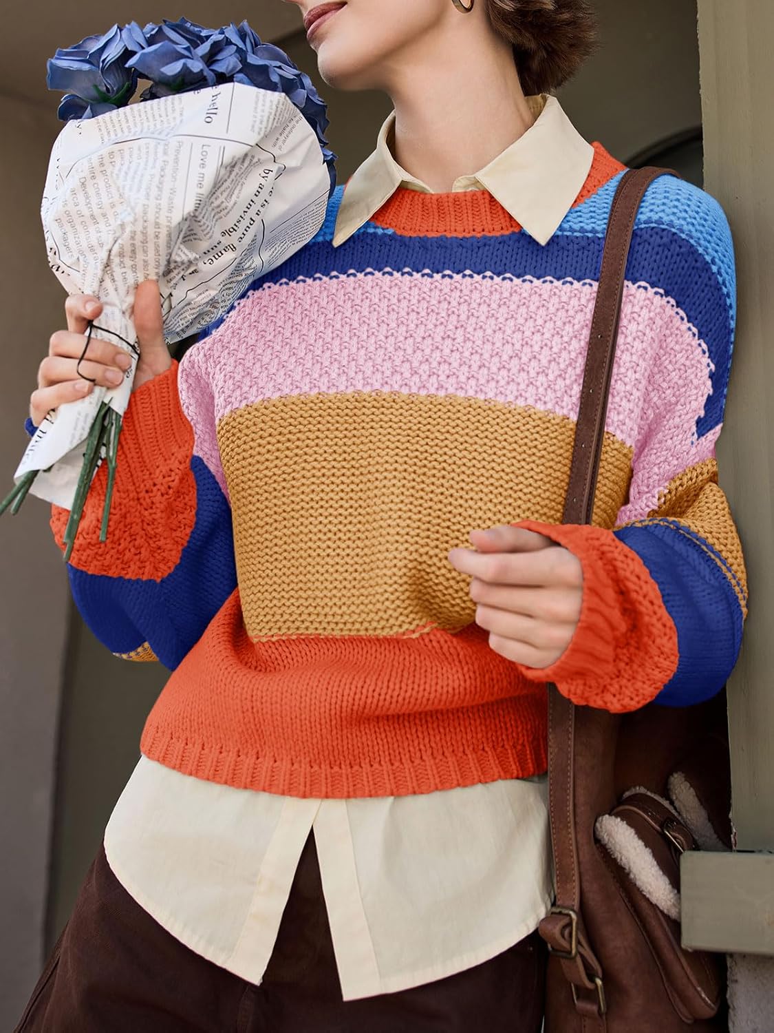 Saodimallsu Womens Color Block Cropped Sweaters 2025 Winter Trendy Casual Oversized Y2k Going Out Striped Pullover Tops - Image 2