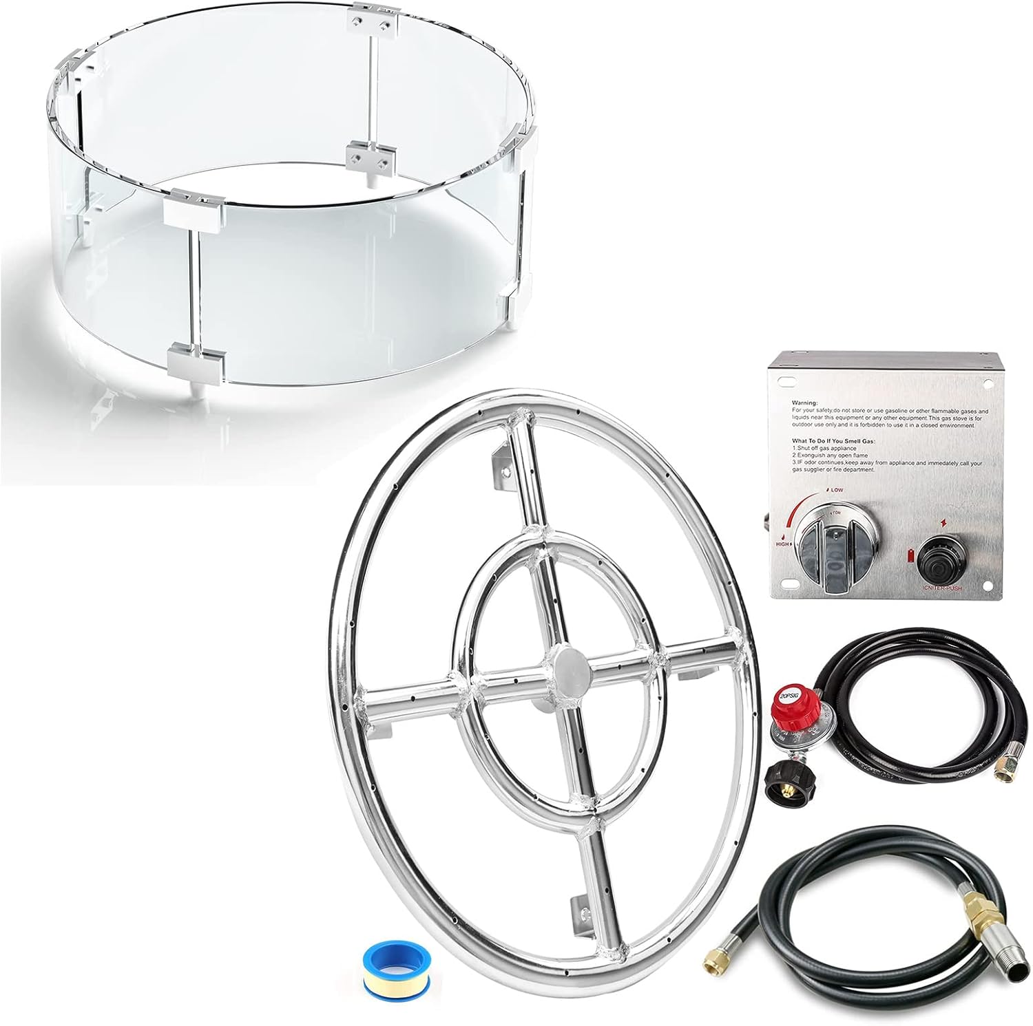 GRISUN Fire Pit Burner Ring Kit 12 Inch and Round Fire Pit Glass Wind Guard 17 x 17