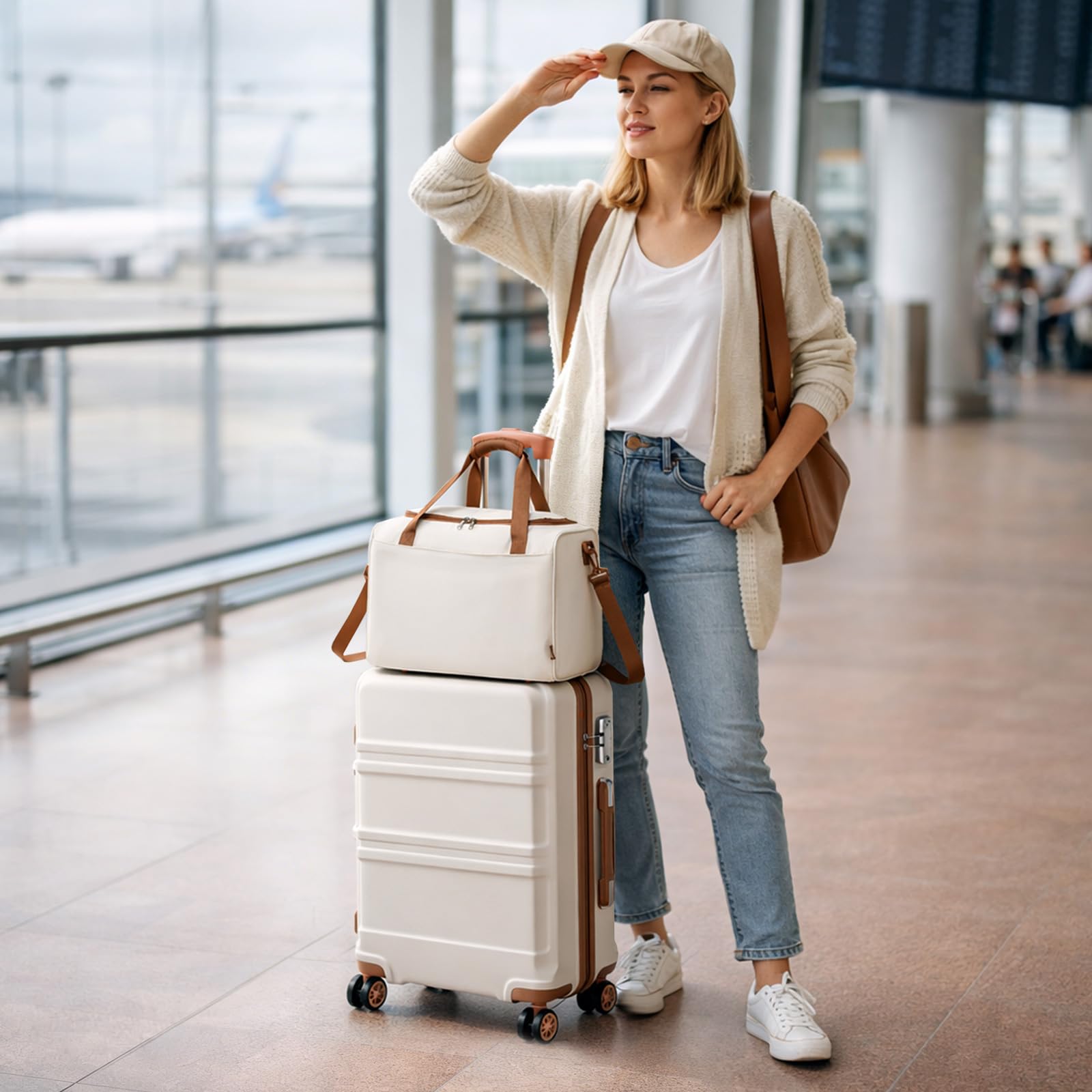 Kono Set de 2 Valises de Voyage Rigide Bagage Cabine 55cm à 4 roulettes avec Serrure TSA + Sac de Voyage Ryanair 40x20x25cm, Blanc Crème