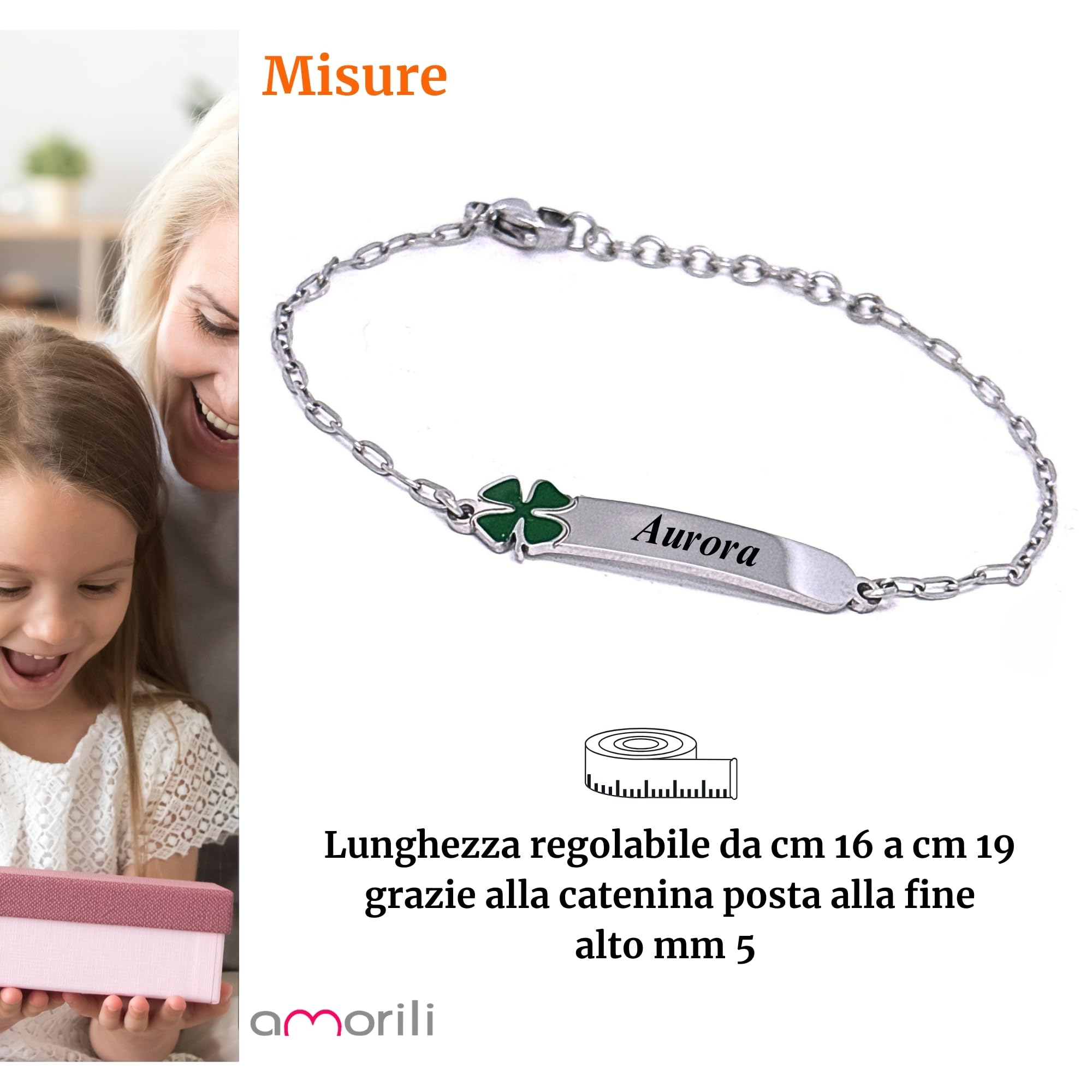 amorili Bracciale Bambina Personalizzato con Nome – Ciondolo Quadrifoglio in Acciaio Inox – Regalo Bimba, Comunione, Compleanno – Incisione Gratuita – Confezione Regalo bcc3110