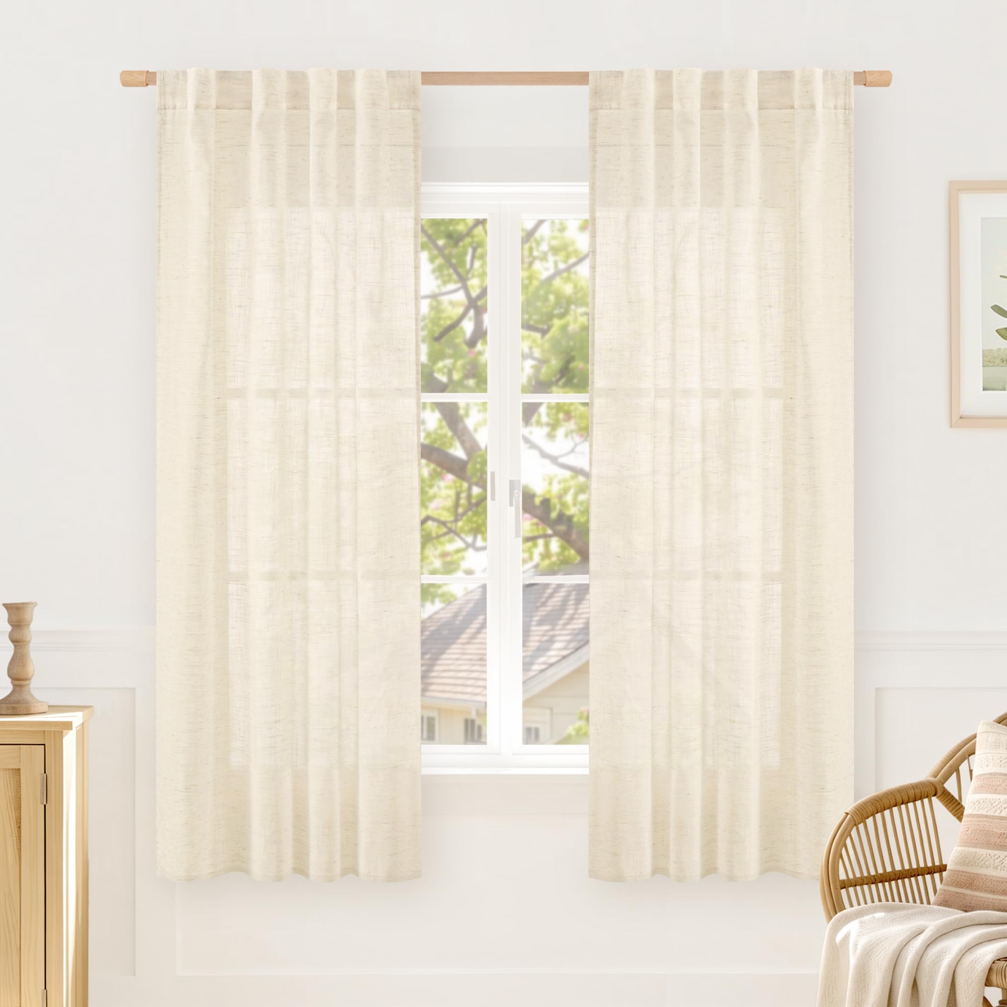 LAMIT Natural Linen Semi Sheer Curtains 84 Inches Long 2 Panels, Living Room Linen Textured Light Filtering Drapes Back Tab and Rod Pocket Neutral Window Panels for Bedroom/Sliding Door, 52 x 84 Inch — view 58