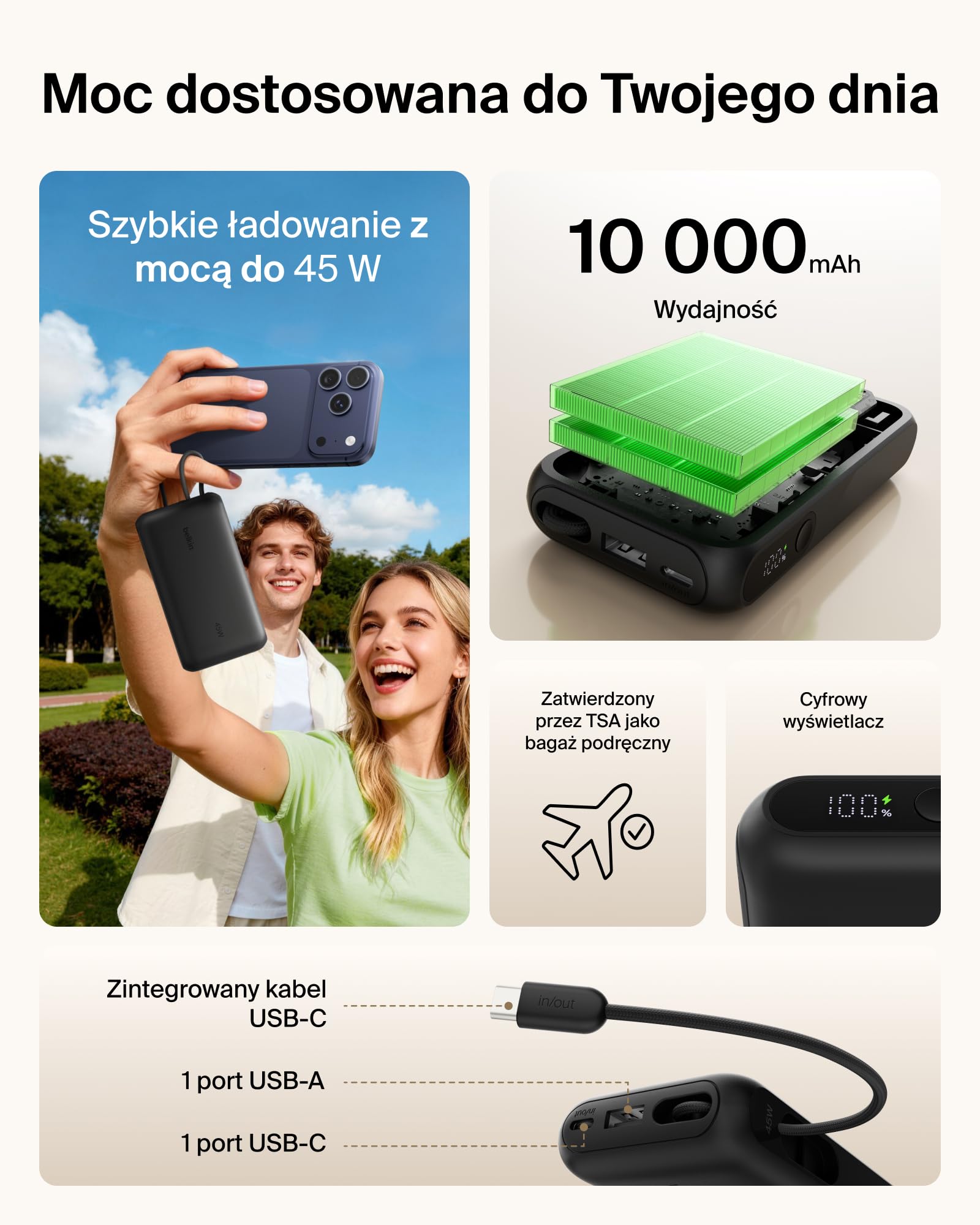 Belkin UltraCharge Powerbank 10 000 mAh, Kabel USB-C, Wyświetlacz – Czarny