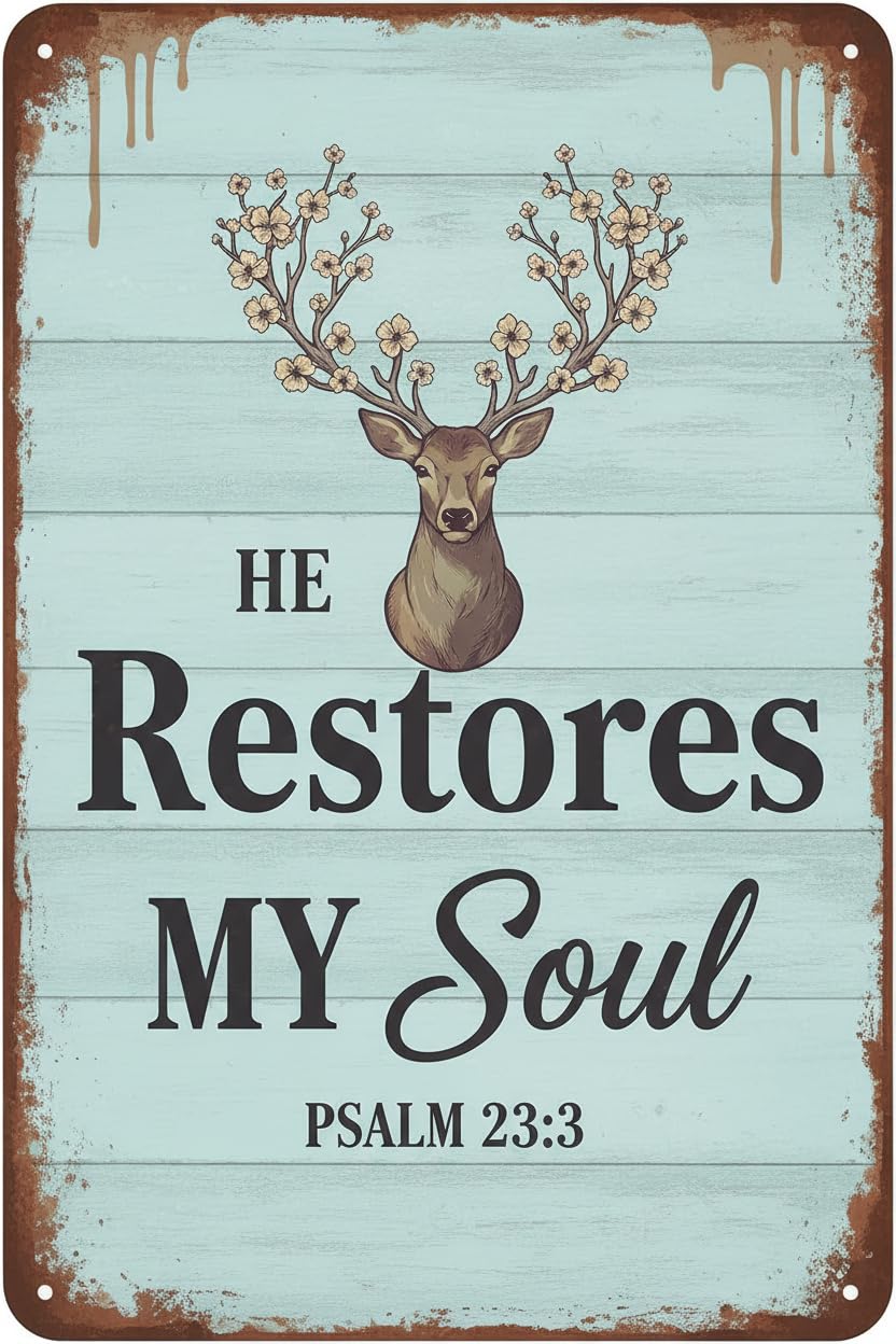 Deer Flower He Restores My Soul Tin Sign, 8x12 Inch