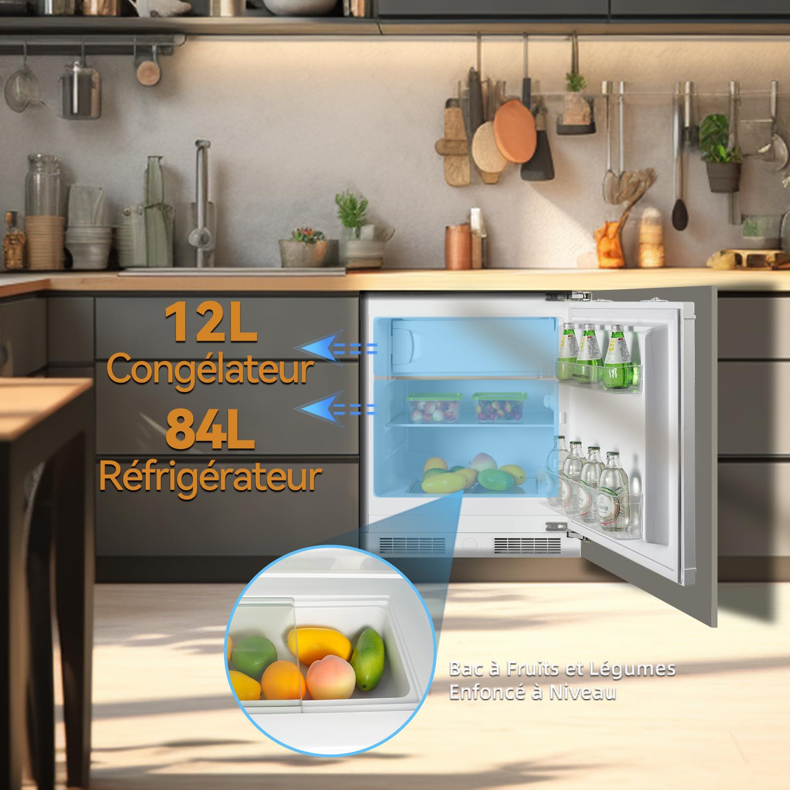 Frigo congelateur encastrable 82 cm sous plan de travail réfrigérateur | Refrigerateur congélateur | 96 L (84 L/12 L), 59 cm largeur | avec charnières de porte réversibles | Réglage température