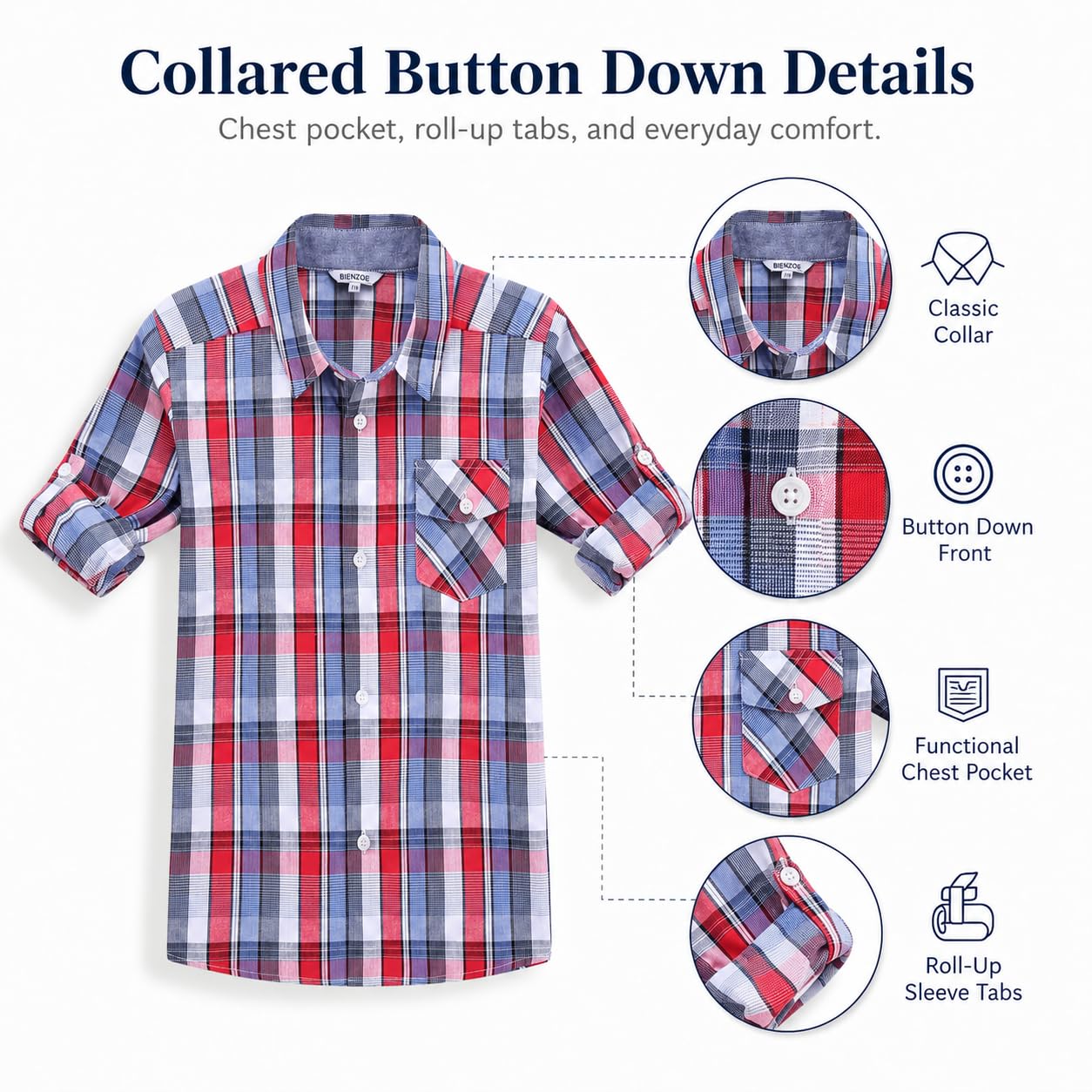 Bienzoe Garçon Coton Plaid Roll-up Manche Chemises