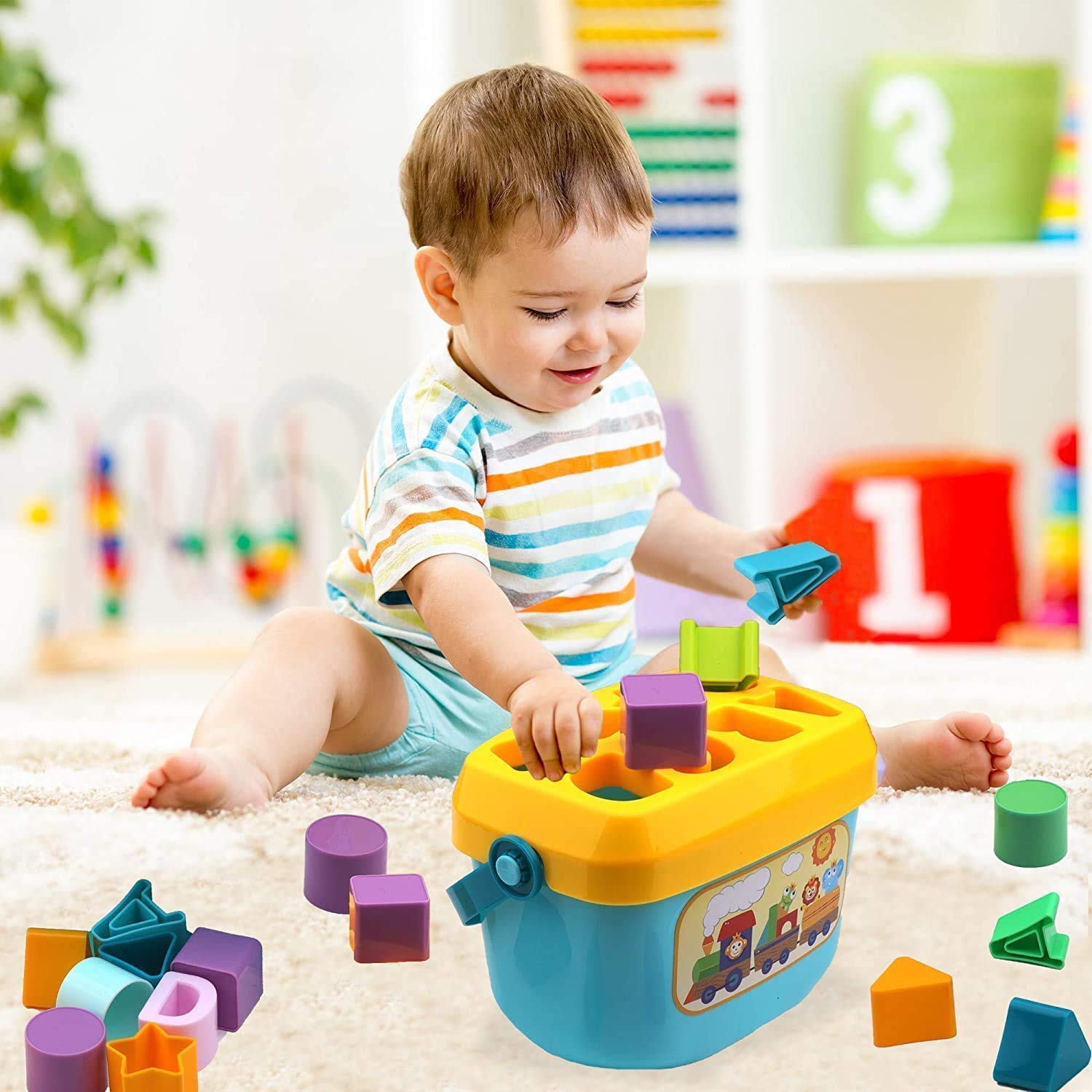 AZCONA IMPEX Baby's First Shape Sorting Blocks Learning Educational Activity Toys 16 Building Collection ABCD Shapes Alphabets Game Kids Development Storage Bucket Counting 1+Year (Multicolor)