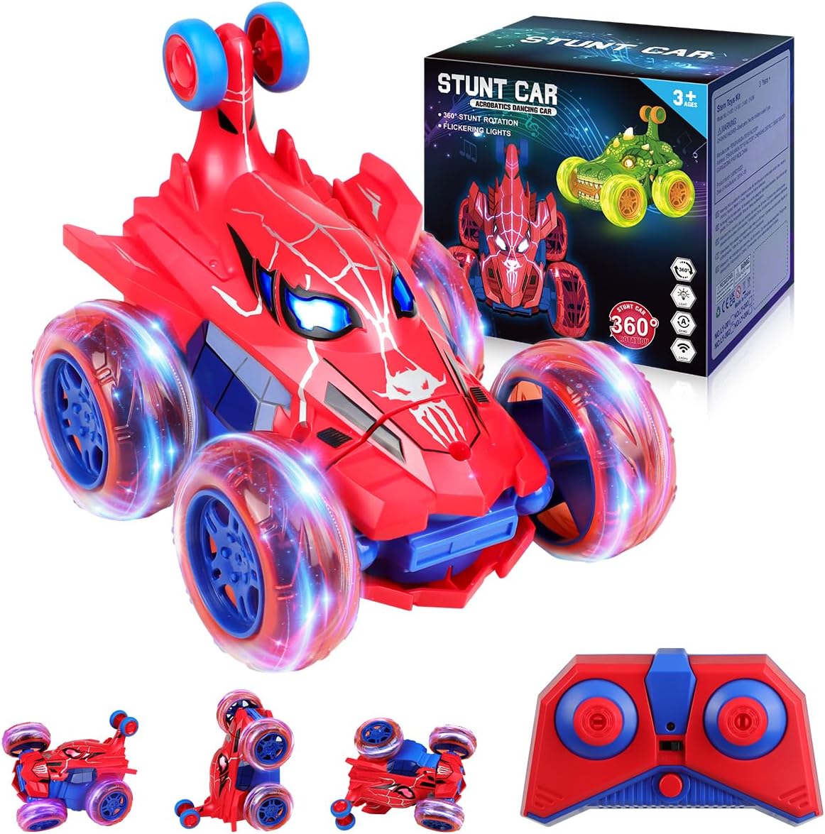 Spider RC Car for Kids – 4WD Remote Control Stunt Car with 360° Flip, Fast Monster Crawler Toy with Light-Up Wheels – Rechargeable RC Vehicle Gift for Boys Ages 3-12