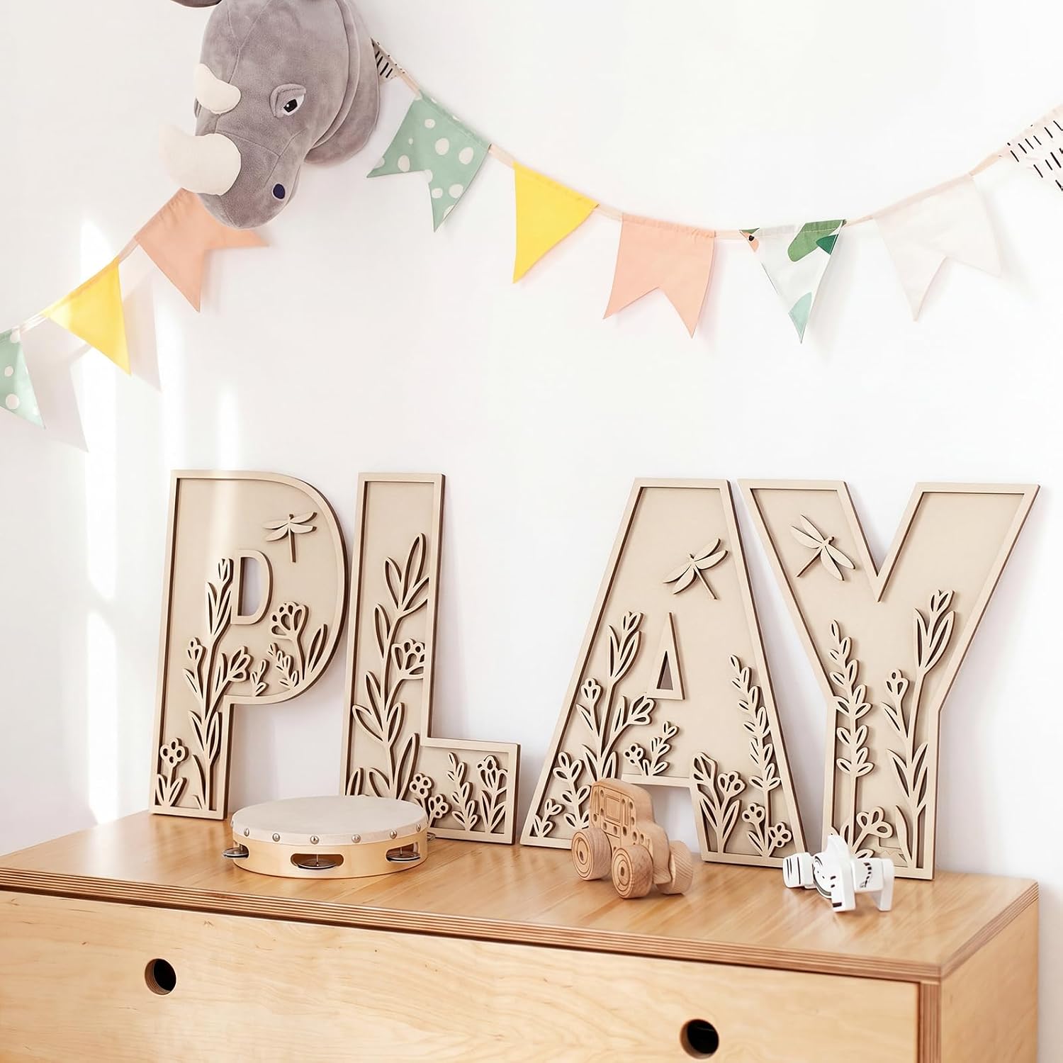 Mifoci 12 Inch Play Sign Wooden Letters Floral Playroom Sign Flowered Paintable Nursery Letters Play Room Wall Decor for Nursery Room Home Classroom Wall Art Craft