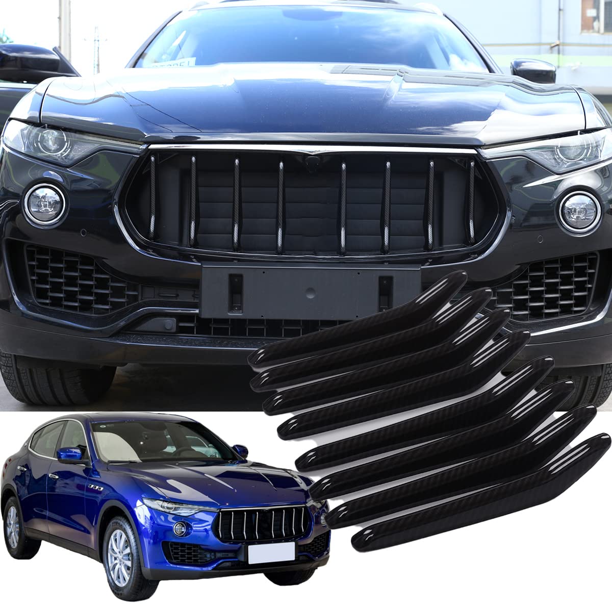 8pcs Car Styling ABS Plastic Exterior Front Grill Decoration Strips Cover Trims For Maserati Levante 2016 2017 2018 Auto Accessories (Carbon Fiber)