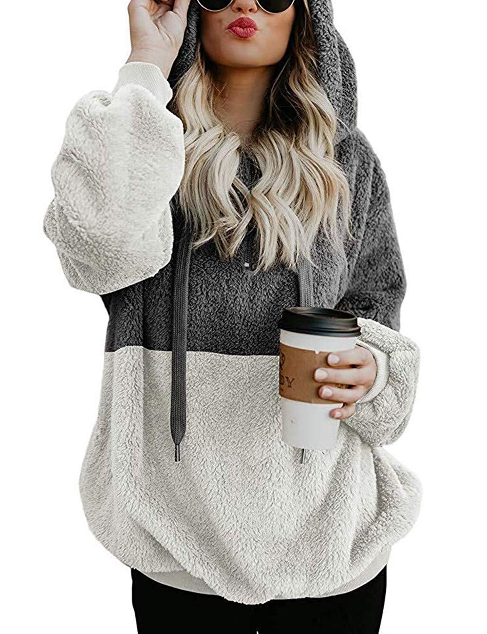 Women Casual Double Fuzzy Sweatshirt Faux Fleece Zip Pullover Hoodies Coat Outwear S-XXL