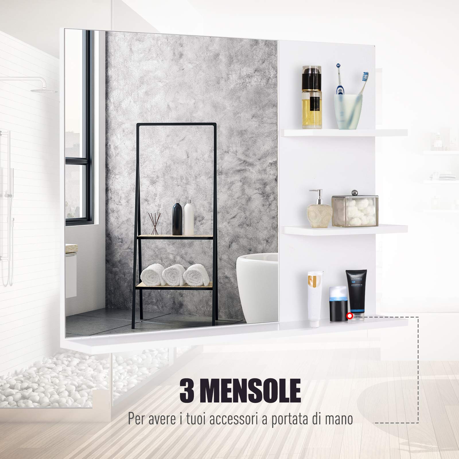 kleankin Specchio da Bagno con 2 Ripiani Laterali e Ripiano Inferiore, Specchio Moderno con Montaggio a Parete, in MDF e Vetro, 60x10x48 cm, Bianco