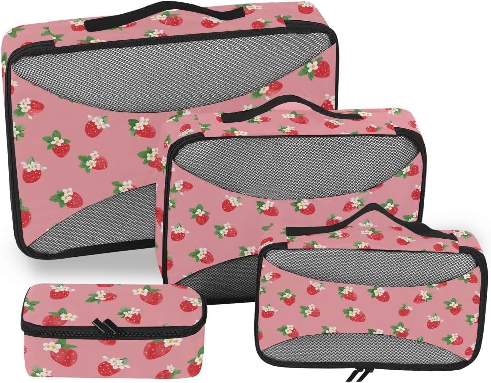 Strawberry Pink Cute Compression Packing Cubes for Travel Luggage Suitcase Packing Organizers Bags Carry On Lightweight 4 Set