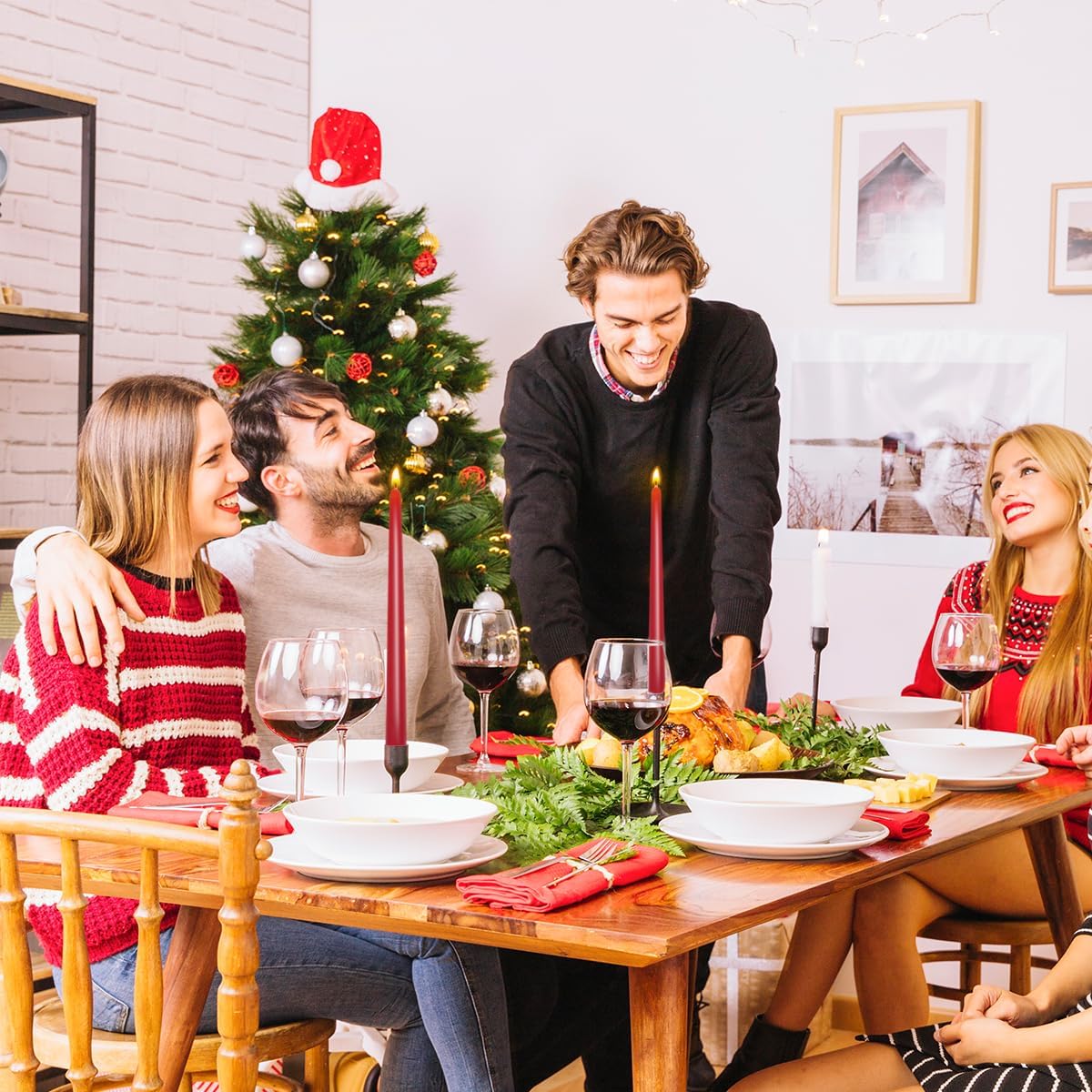 Set of 7 Red Colored Taper Candles, Dripless Unscented Skinny 10 Inch Tall Wax Candlesticks for Home Party Wedding Table Decoration