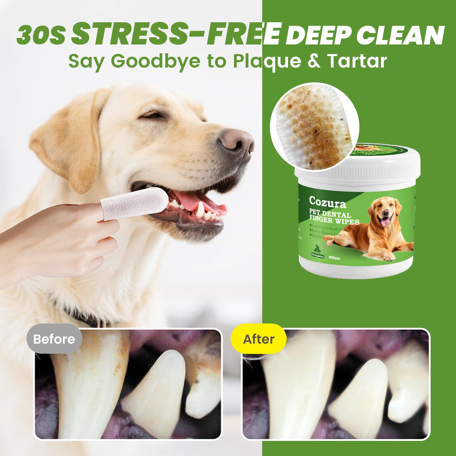 Dog Dental Wipes for Teeth Cleaning - Removes Plaque & Tartar, Effective Toothbrush & Toothpaste Alternative Kit Finger Pet Dental Care Pads, Fresh Breath for Dogs & Cats - 60ct, Unscented - image 3