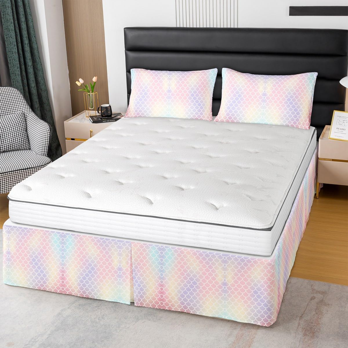 Feelyou Kids Rainbow Bed Wrap Sheet Set Queen Size, Colorful Bedskirt, Mermaid Scales Bed Skirt Boys Girls Fish Scales Teens Dust Ruffle Pleated Bedskirt Bedroom Decor 3pcs with 2 Pillowcases