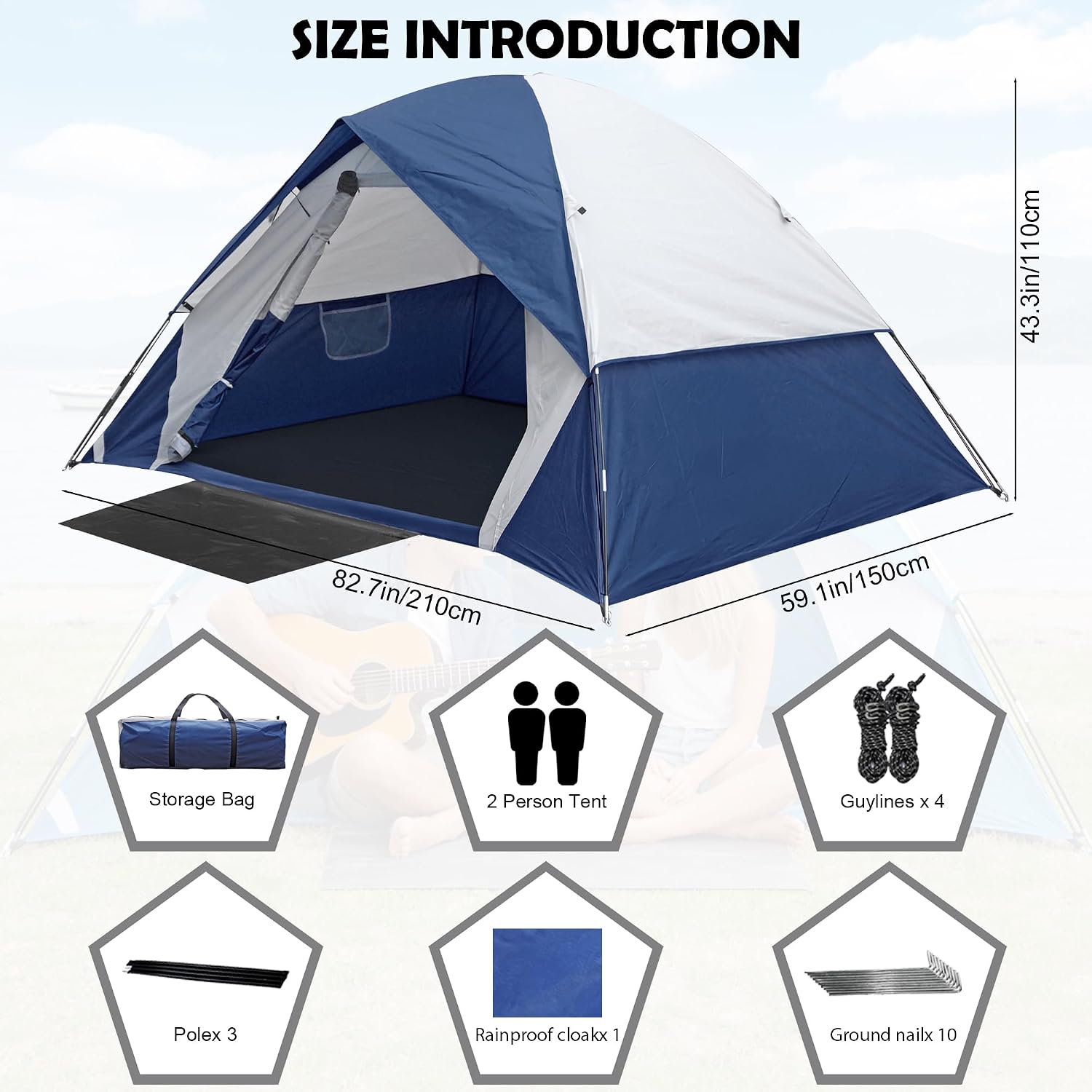 Camping Tent for 1/2 Person, Waterproof Two Person Tents for Camping, with Rainfly，Easy Up Tent for Family, Outdoor, in All Weather and All Season
