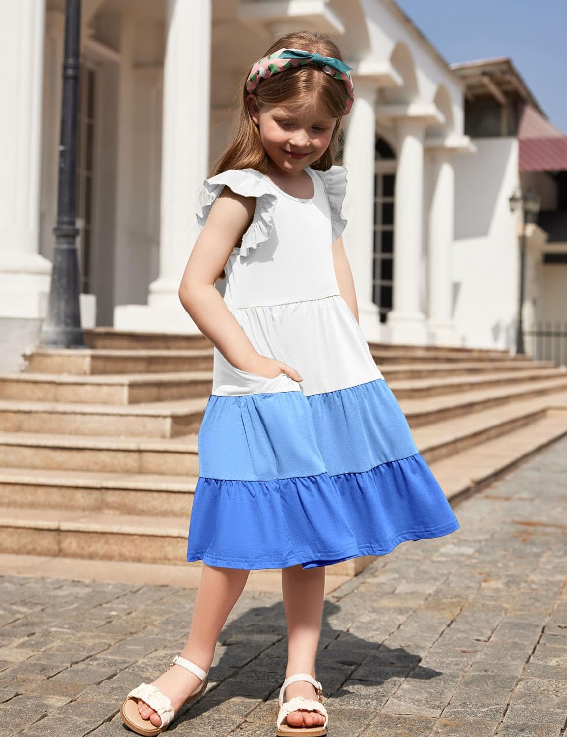 Arshiner Toddler Dress Girls Summer Ruffle Sleeve Tiered Swing Midi Casual Sundress with Pockets - Image 5