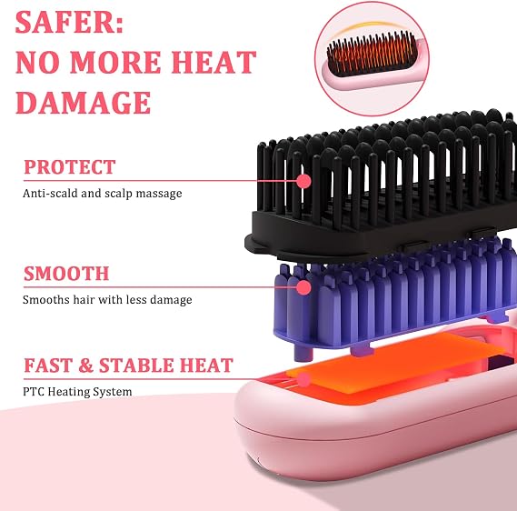DENTAISyn Cordless Hair Straightener Brush - Portable Hair Brush for Travel - 30s Fast Heating - Portable Straightening Brush for Travel, Mini Hot Straightening Comb for Women