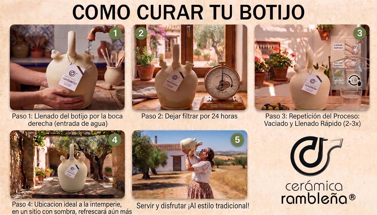 CERÁMICA RAMBLEÑA | Traditioneller Tonkrug mit rundem Henkel und breitem Boden aus La Rambla (Córdoba) | 100% Handarbeit | 3 Liter | ECO | Inklusive Schale