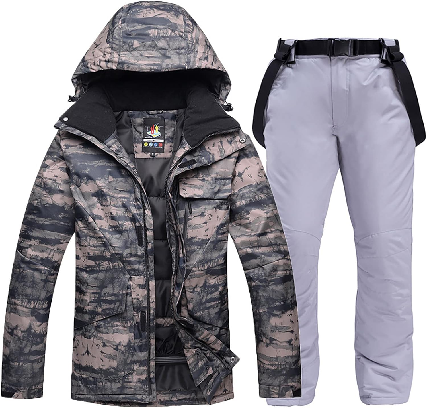 Men's Ski Suit Hooded Raincoat Rock Pattern Snowboard Jackets & Pants Waterproof Windproof Snowsuit