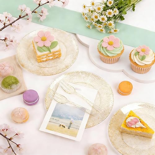 Miniatura 7 de Festiva 200 platos de postre dorados con purpurina de 6.3 pulgadas con tenedores de 5 pulgadas, platos pequeños de plástico para postre, pasteles,